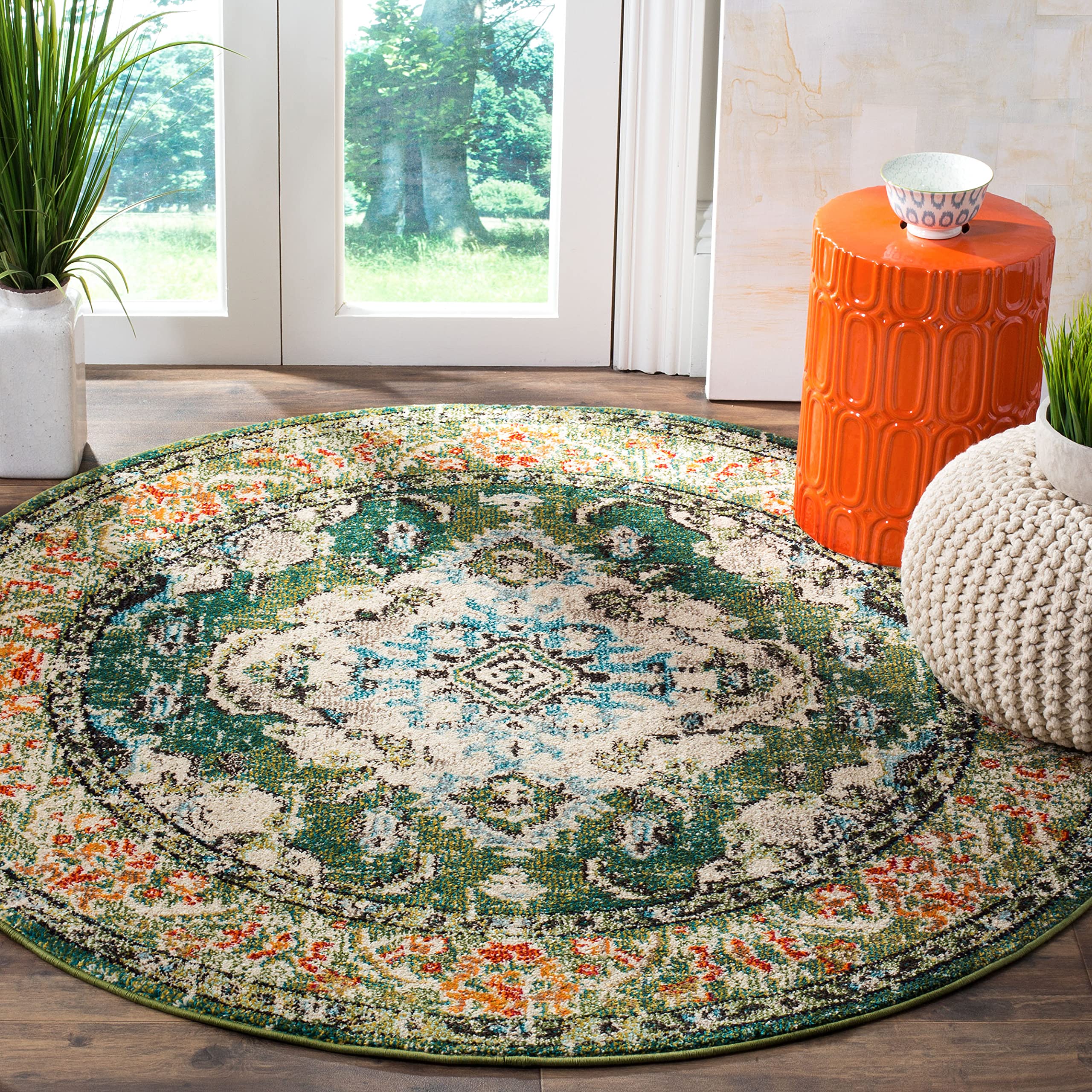 SAFAVIEH Monaco Collection Area Rug - 4 Round, Forest Green & Light Blue, Boho Medallion Distressed Design, Non-Shedding & Easy