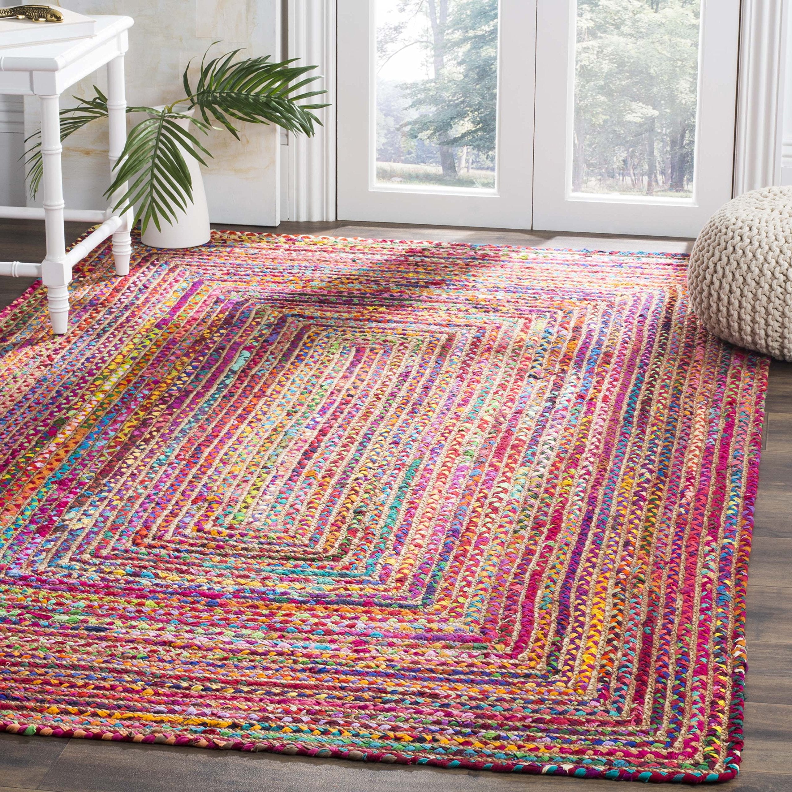 SAFAVIEH Cape Cod Collection 4 Square Red / Multi CAP202A Handmade Boho Braided Jute & Cotton Area Rug