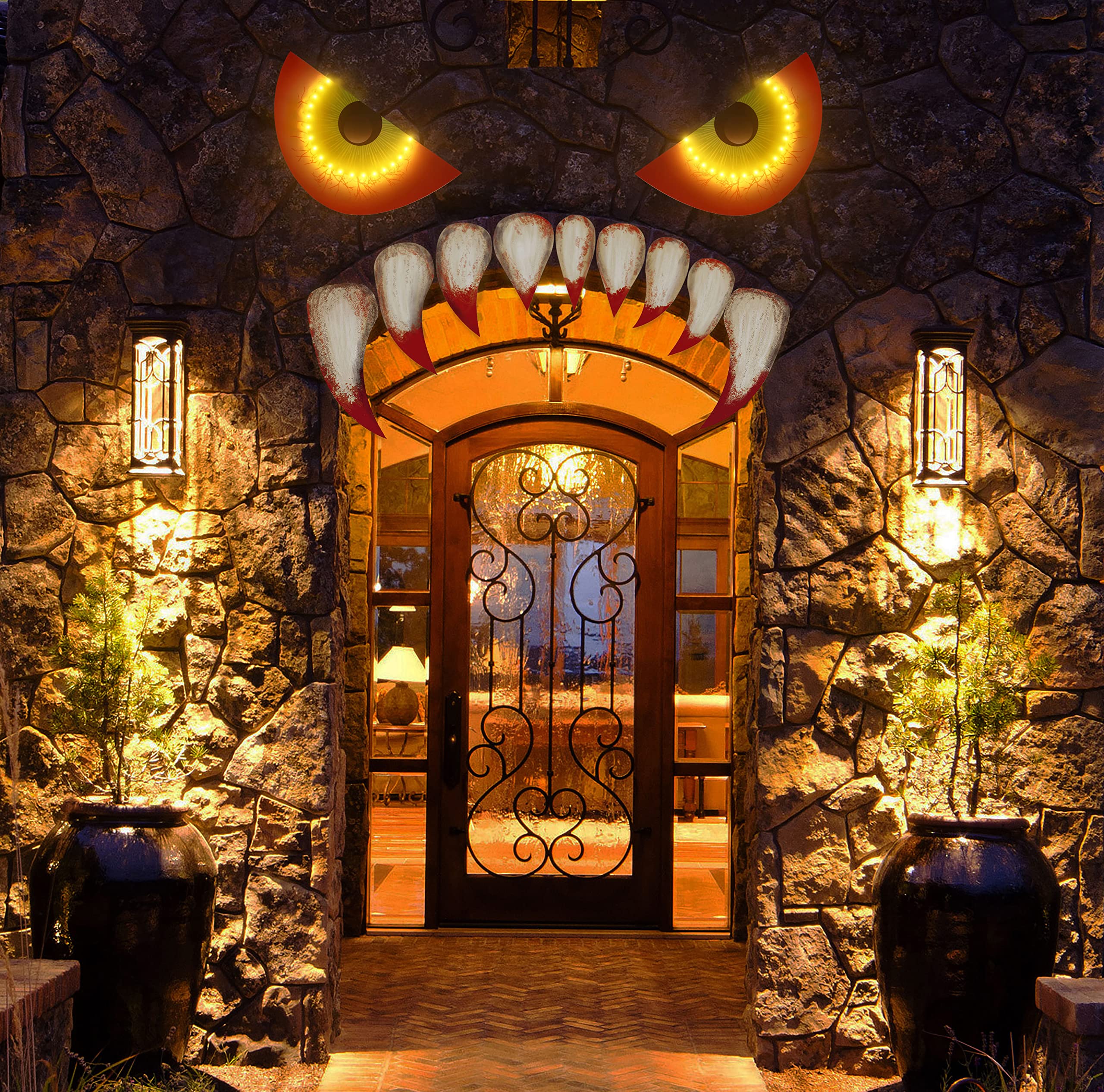 Large Size Halloween Garage Door Decorations 25.59Inches - Monster Face House Archway Outdoor Decor With Led Eyes Teeth (Assembl