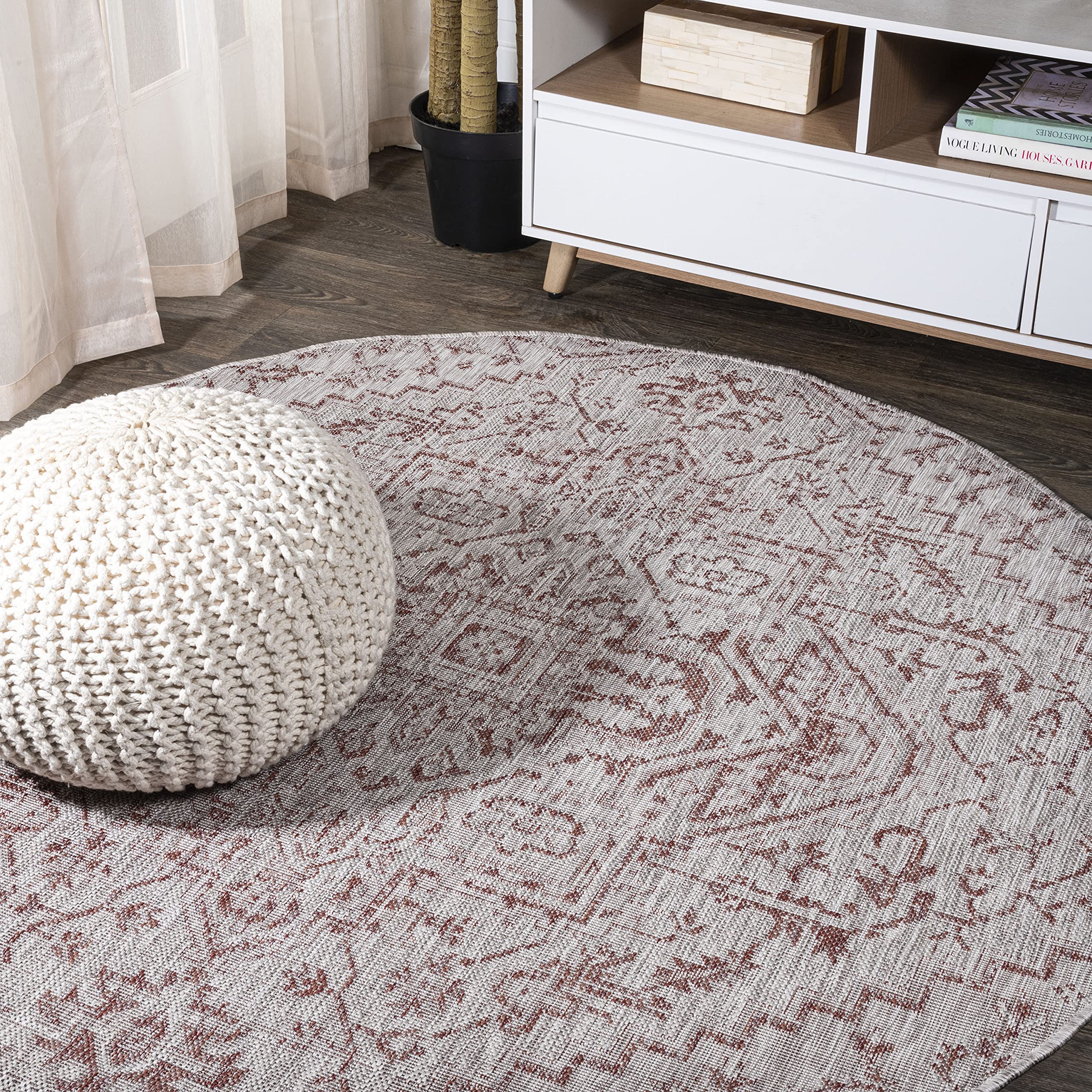JONATHAN Y SMB105A-3R Estrella Bohemian Medallion Textured Weave Red/Taupe 3 Round Indoor/Outdoor Area Rug, Pet Friendly, Non-S