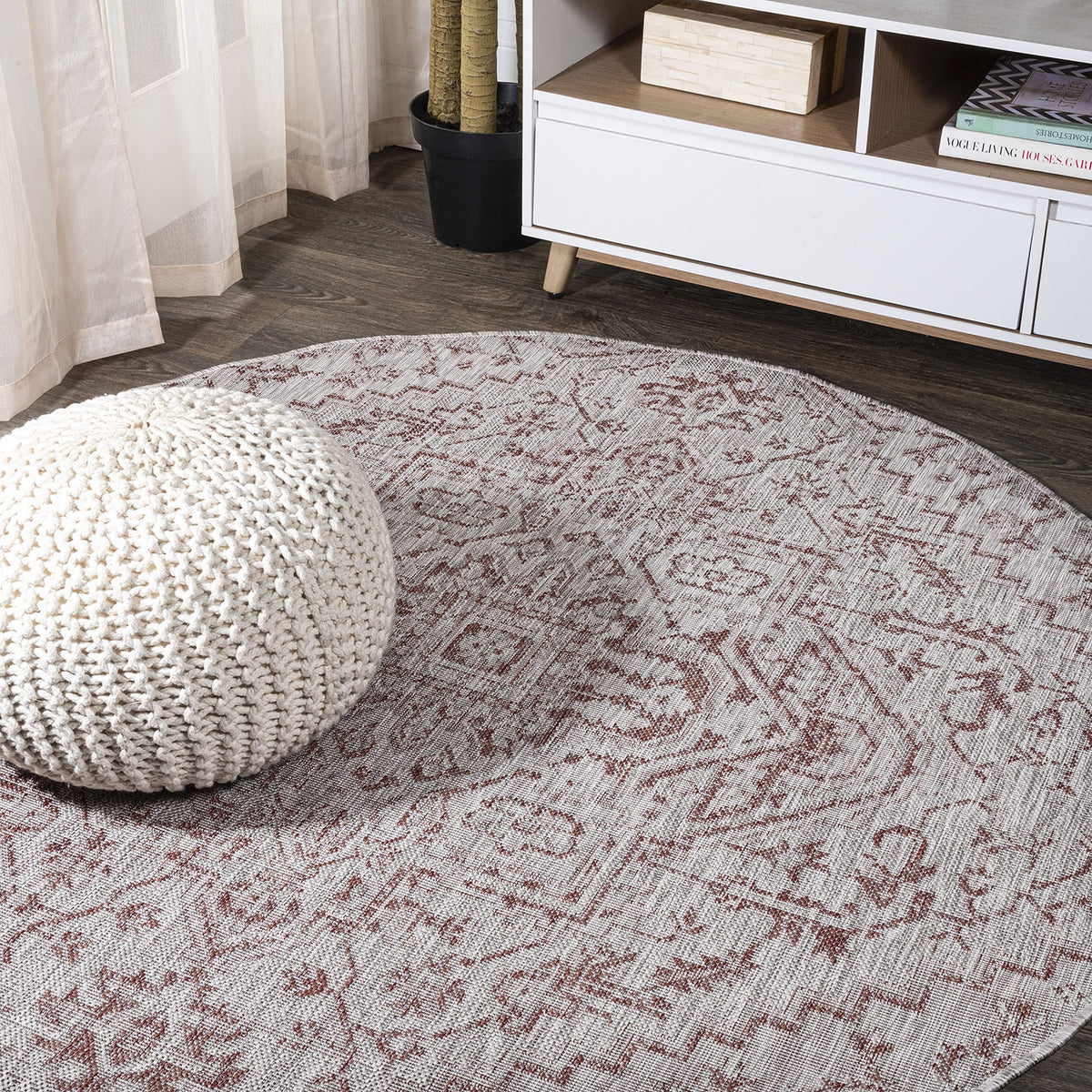 Jonathan Y Smb105A-6R Estrella Bohemian Medallion Textured Weave Red/Taupe 6' Round Indoor/Outdoor Area Rug, Pet Friendly, Non-S