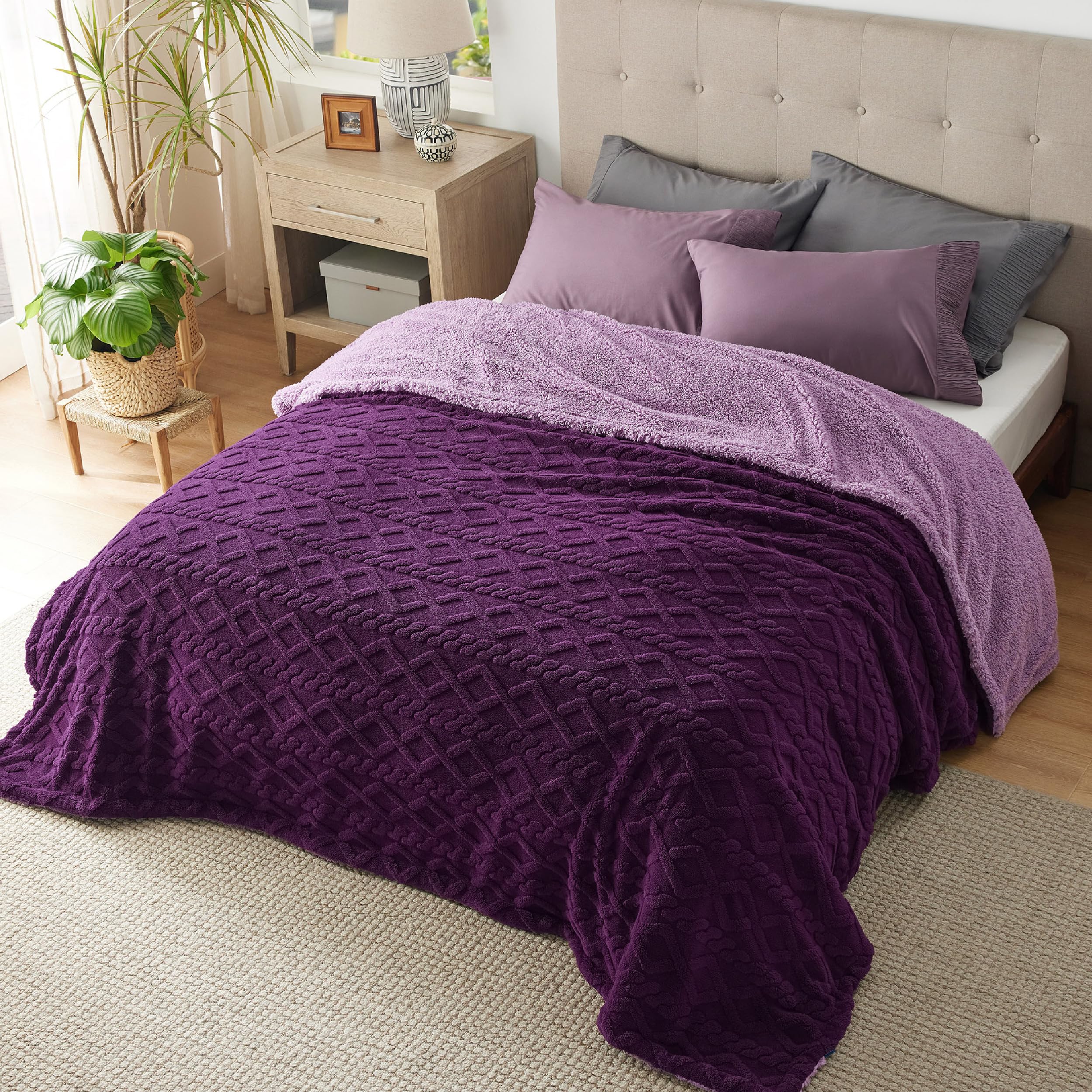 Bedsure Sherpa Queen Size Blanket For Bed - Fuzzy Soft Cozy Blanket Queen Size, Fleece Thick Warm Blanket For Winter, Purple Fal