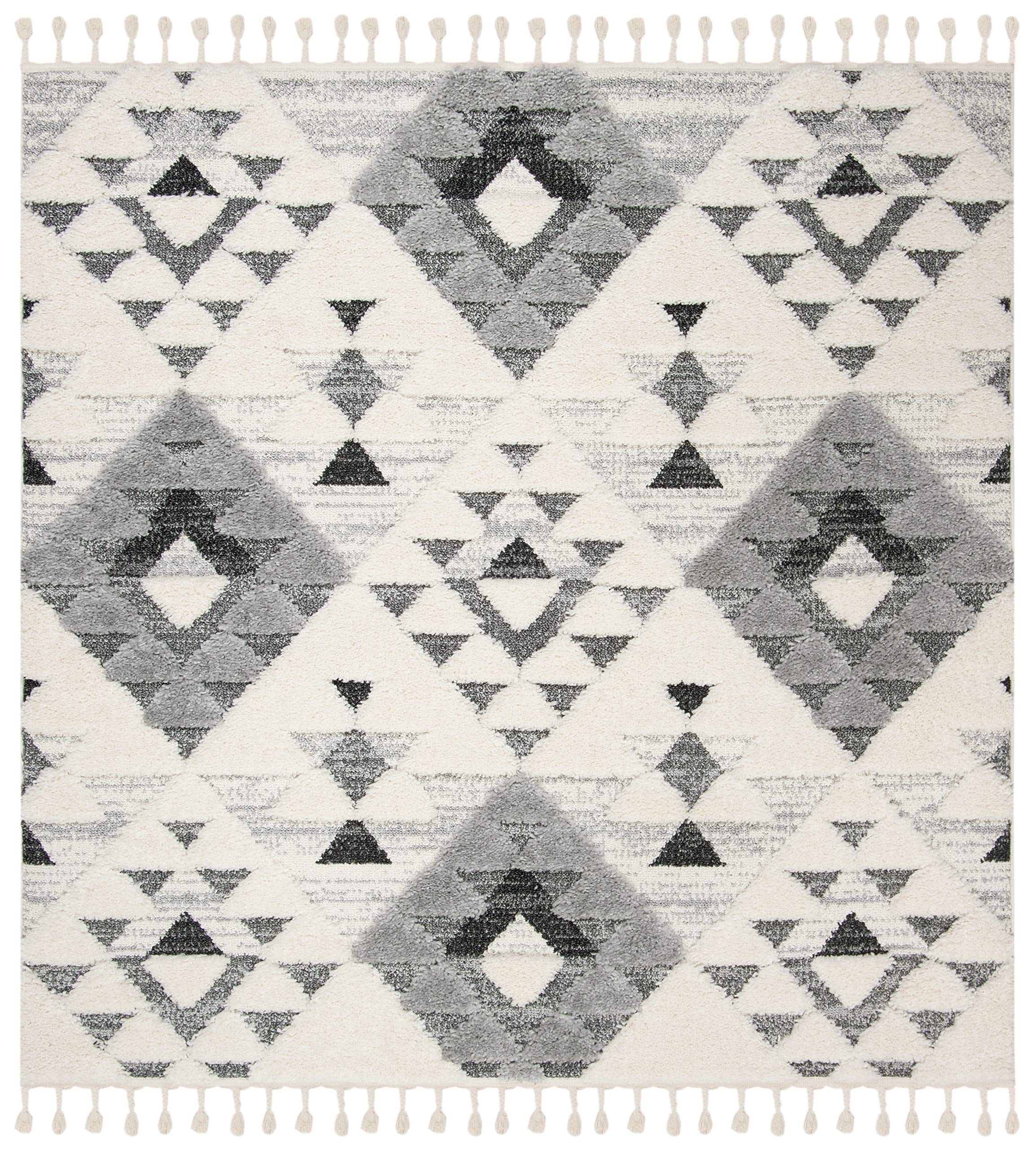Safavieh Moroccan Tassel Shag Collection Area Rug - 12 Square, Ivory/Grey, Geometric Design, Plush 1.5 Inch Thick Ideal for Hig