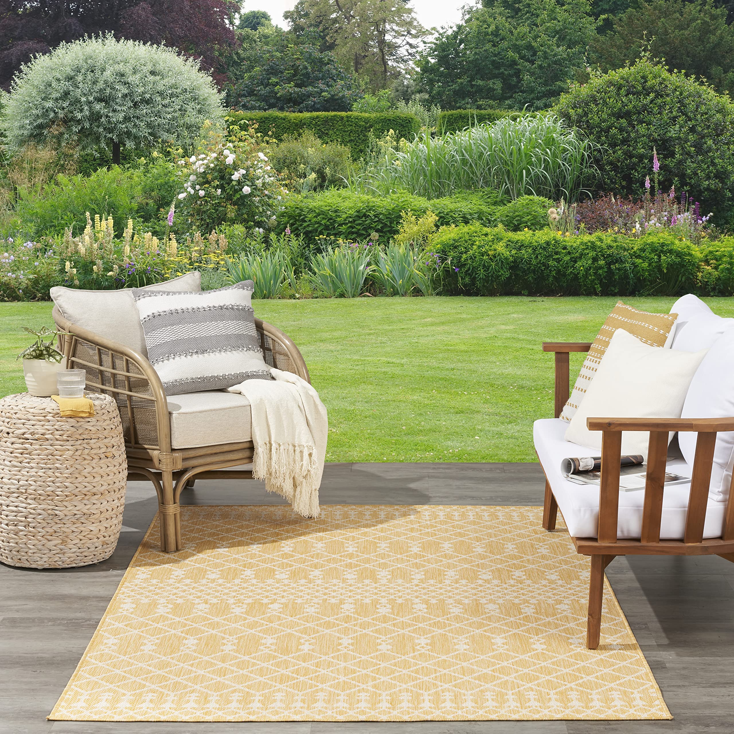 Nourison Positano Indoor/Outdoor Yellow 8' X 10' Area Rug, Easy Cleaning, Non Shedding, Bed Room, Living Room, Dining Room, Backyard, Deck, Patio (8X10)