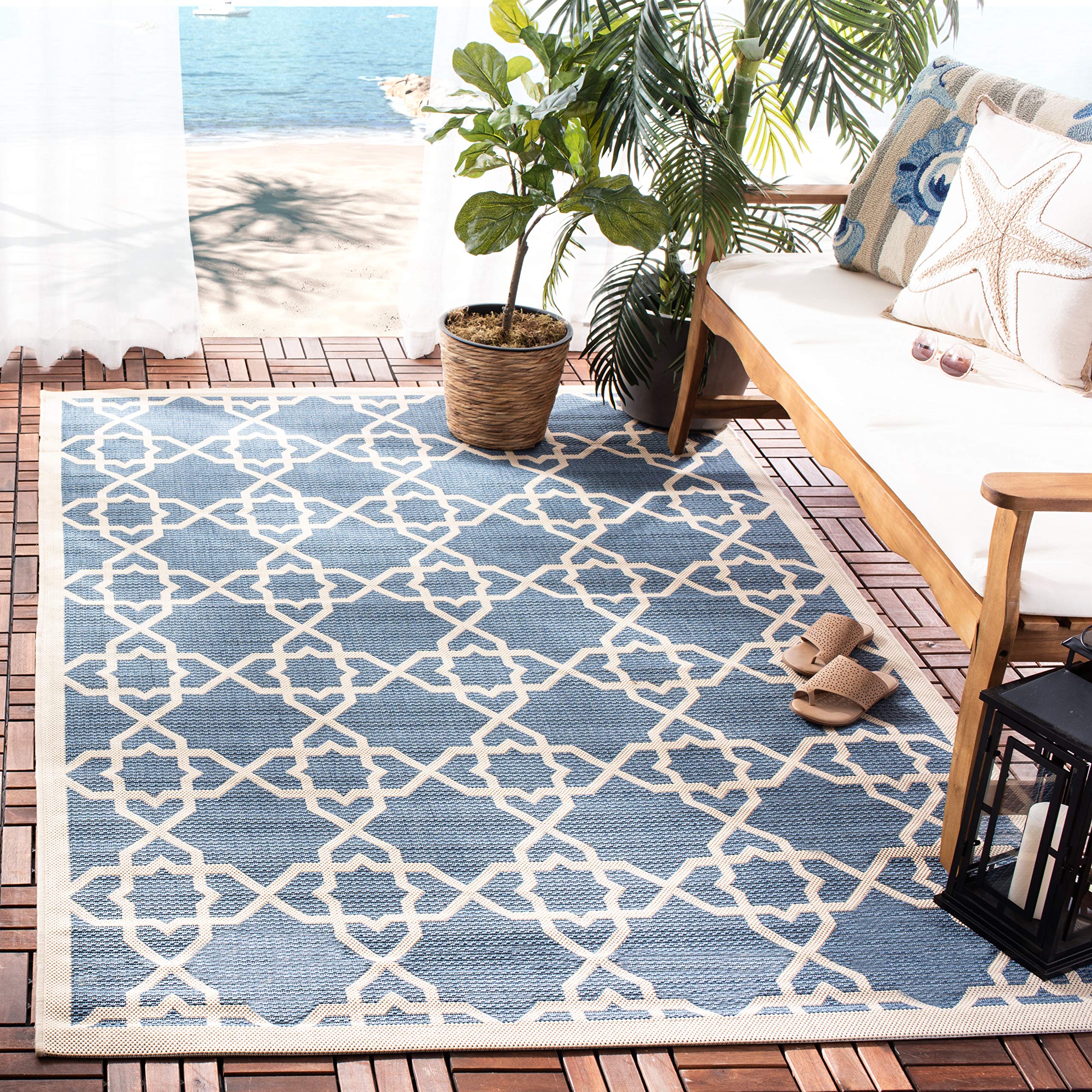 SAFAVIEH Courtyard Collection Accent Rug - 4 x 57, Blue & Beige, Non-Shedding & Easy Care, Indoor/Outdoor & Washable-Ideal for