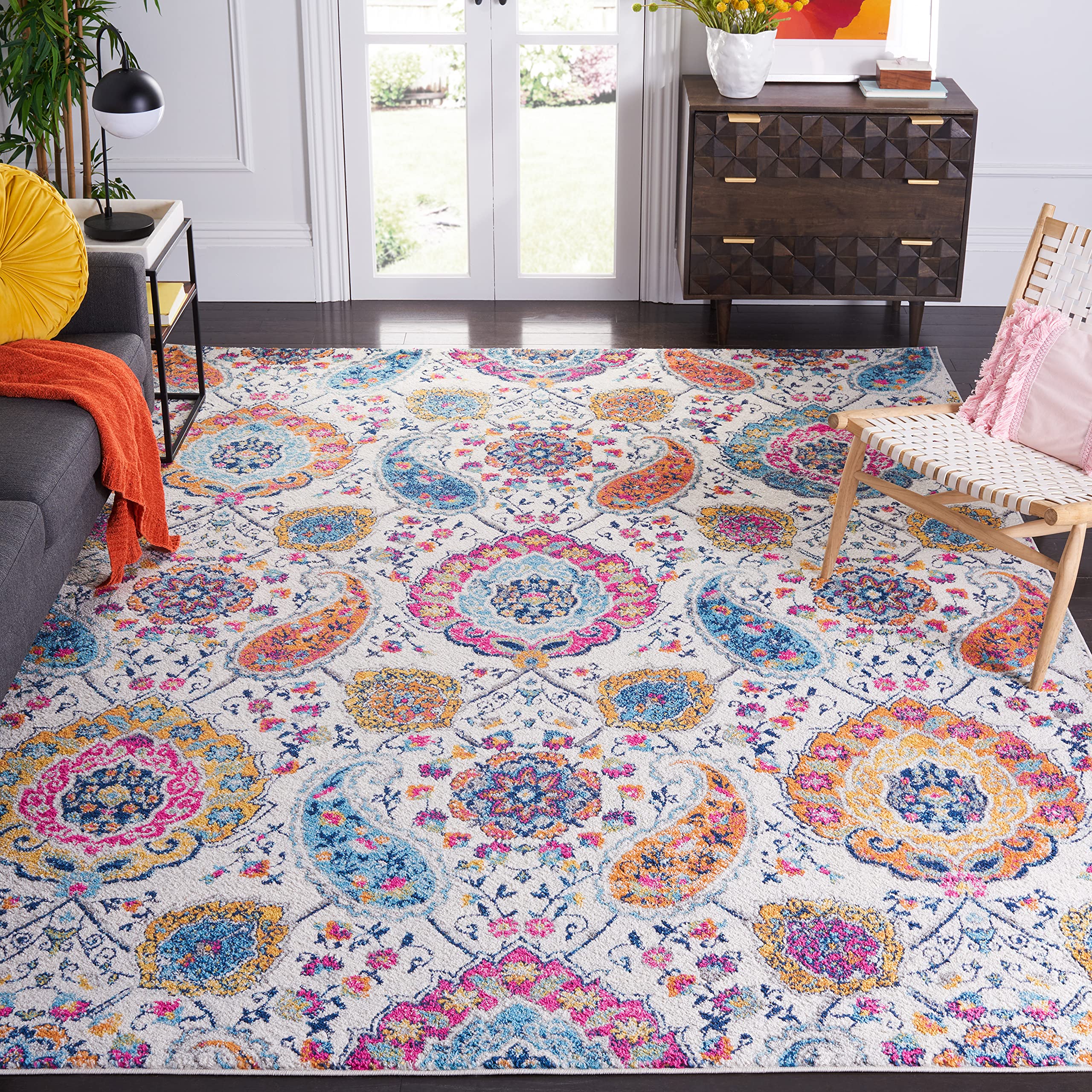 SAFAVIEH Madison Collection Area Rug - 9' x 12', Cream & Multi, Boho Chic Glam Paisley Design, Non-Shedding & Easy Care, Ideal f