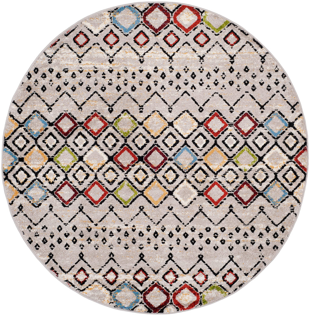 Safavieh Amsterdam Collection 5 Feet 1 Inch X 5 Feet 1 Inch Round Light Grey / Multi Ams108G Moroccan Boho Non-Shedding Dining R