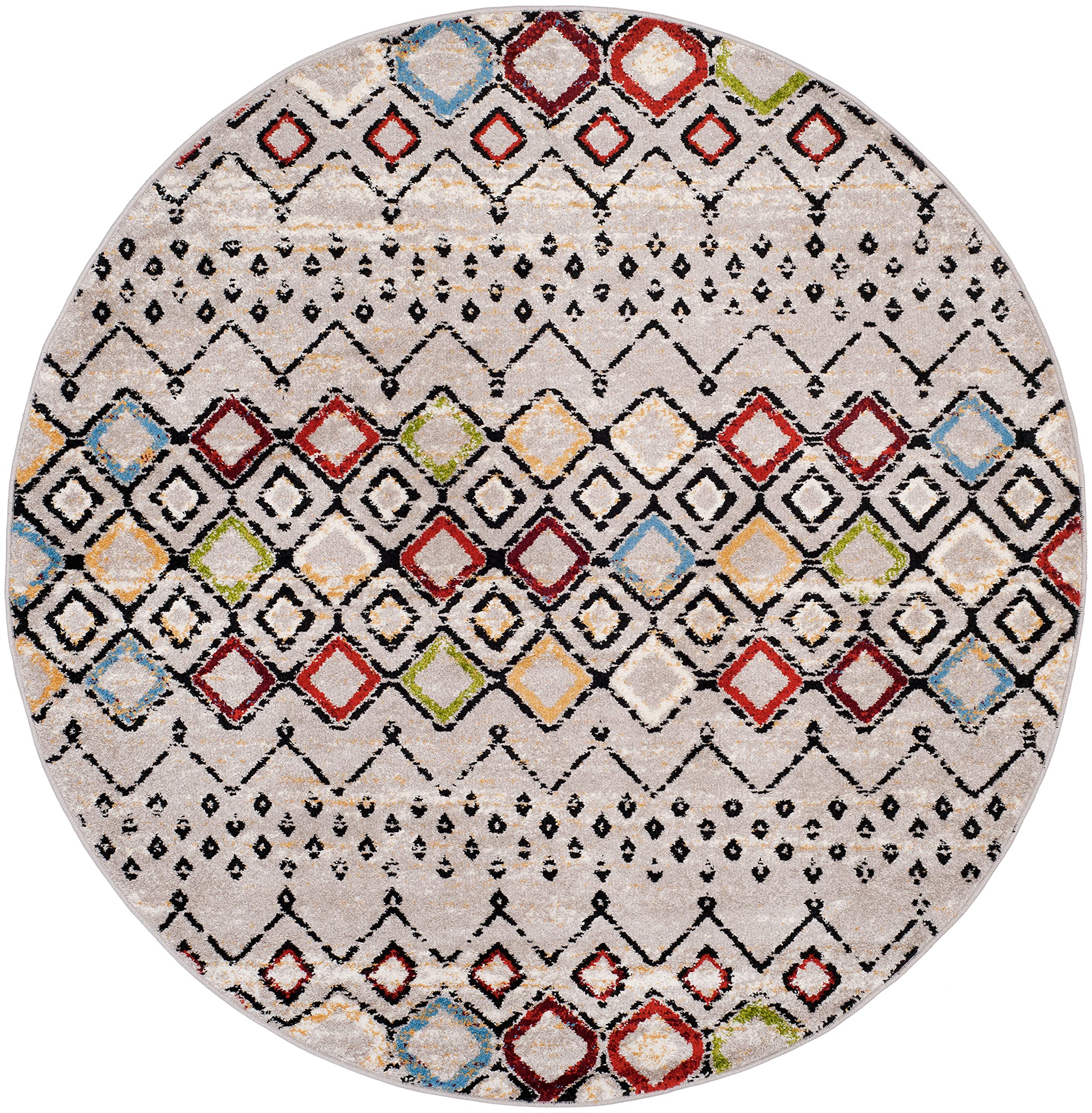 Safavieh Amsterdam Collection 5 Feet 1 Inch X 5 Feet 1 Inch Round Light Grey / Multi Ams108G Moroccan Boho Non-Shedding Dining R