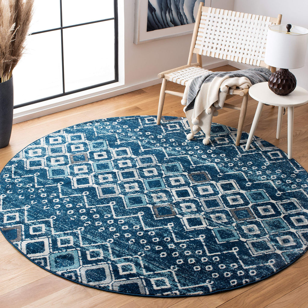 SAFAVIEH Amsterdam Collection 5'1'' Round Navy/Beige AMS108N Moroccan Boho Non-Shedding Living Room Dining Bedroom Area Rug