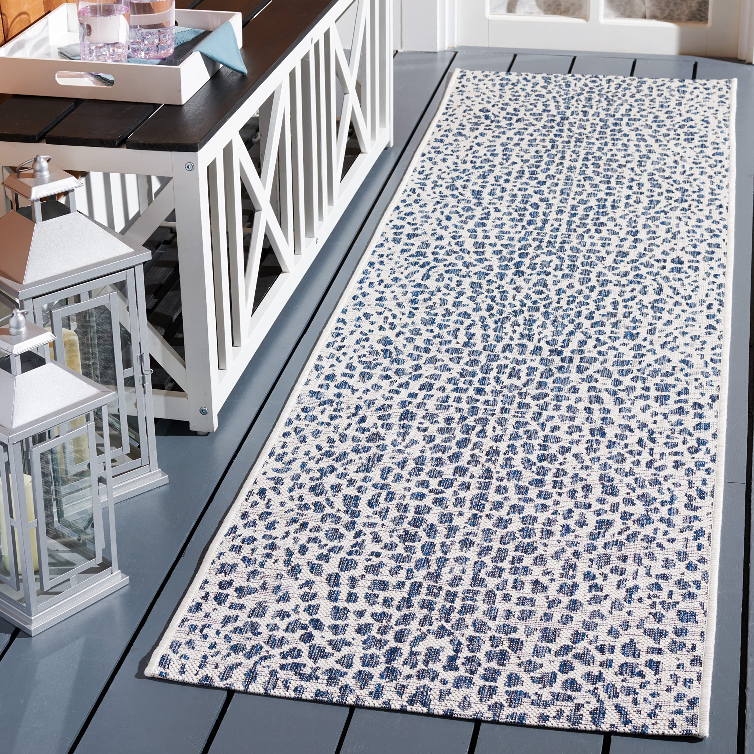 SAFAVIEH Courtyard Collection Runner Rug - 23 x 9, Ivory & Navy, Non-Shedding & Easy Care, Indoor/Outdoor & Washable-Ideal for