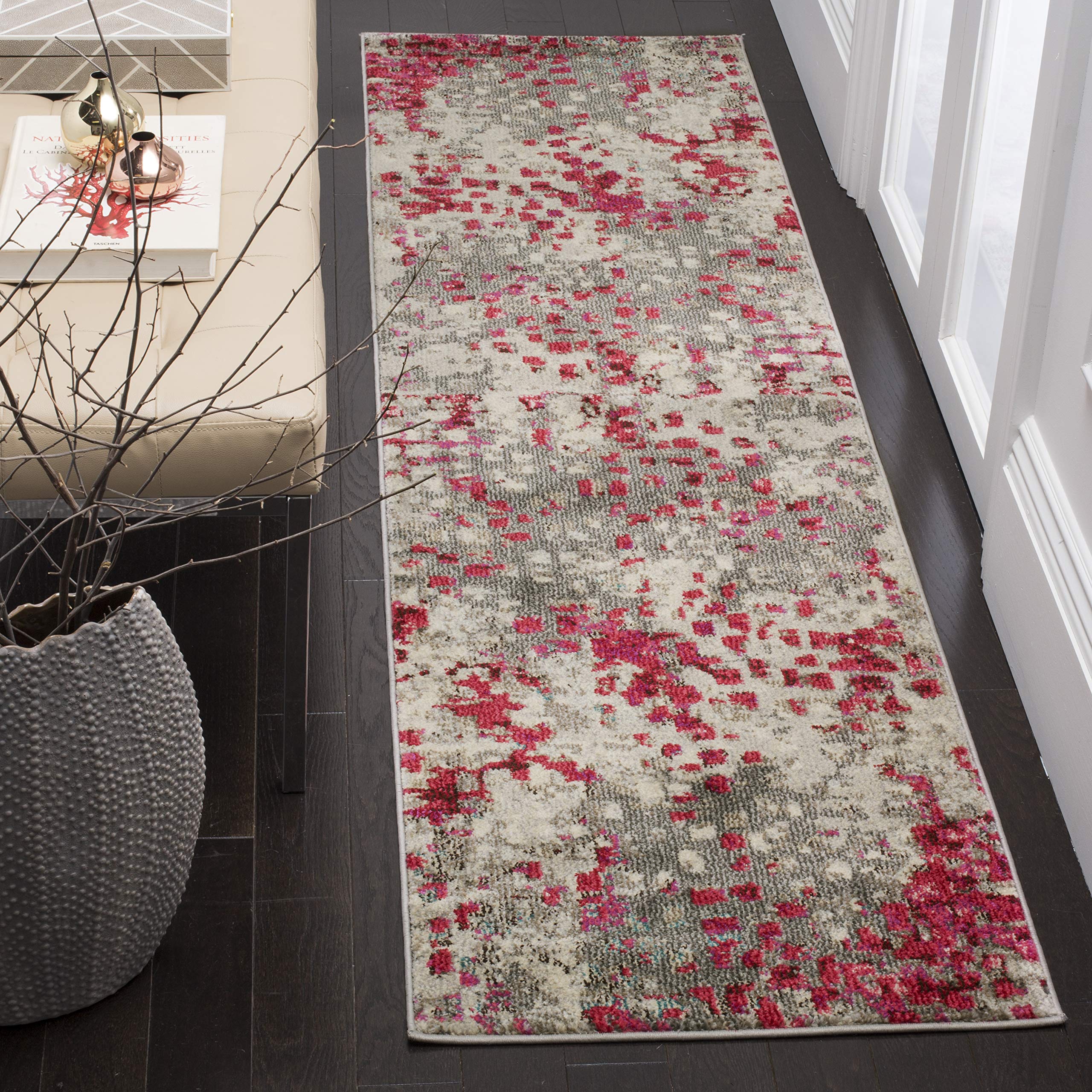 SAFAVIEH Monaco Collection Runner Rug - 22 x 8, Grey & Fuchsia, Boho Chic Abstract Watercolor Design, Non-Shedding & Easy Care