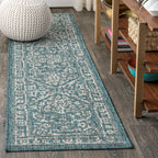 Jonathan Y Smb104B-28 Malta Bohemian Medallion Textured Weave Indoor Outdoor Area Rug, Coastal, Traditional, Transitional Easy Cleaning,Bedroom,Kitchen,Backyard,Patio,Non Shedding, Teal/Gray, 2 X 8