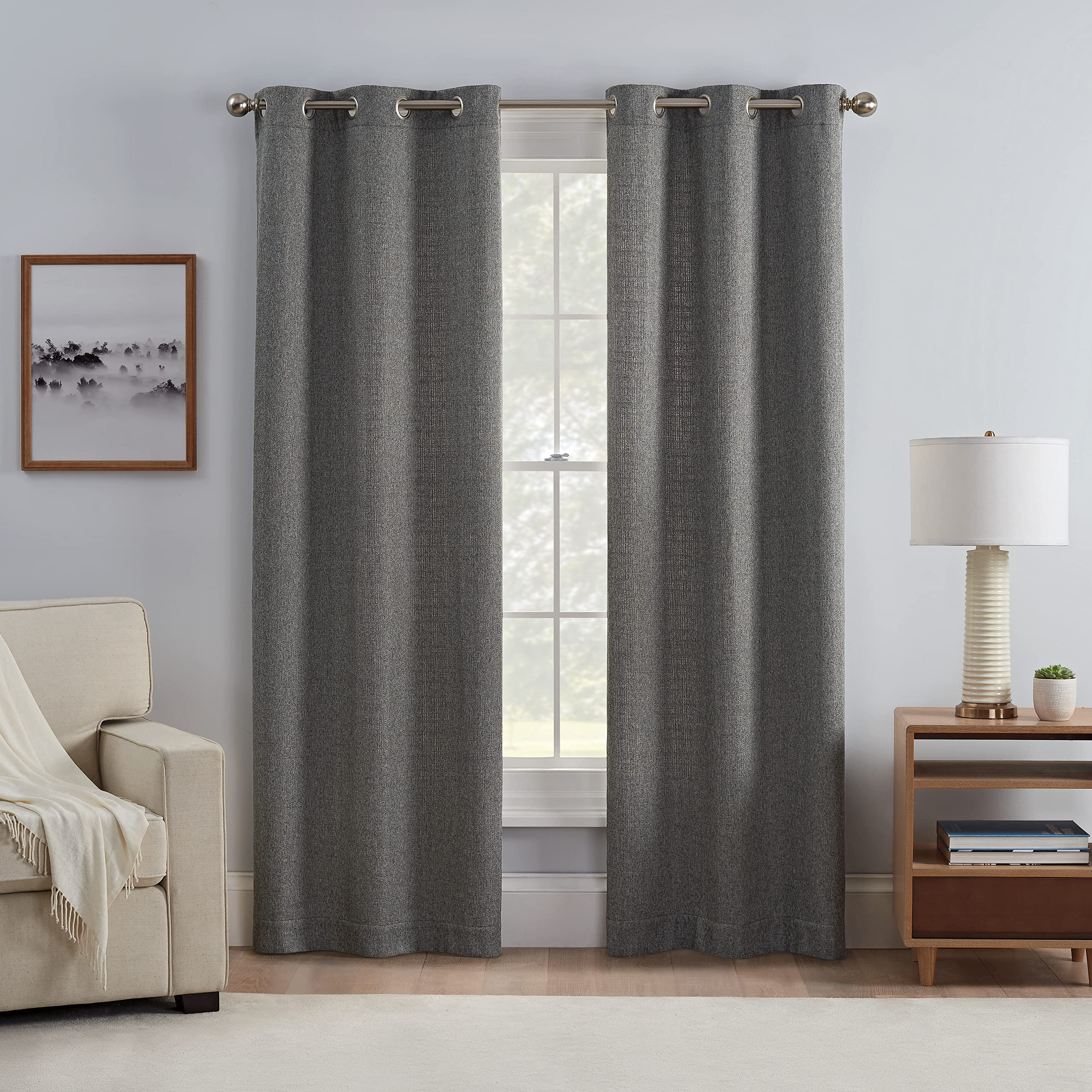 Eclipse Carter Draftstopper Light Filtering Grommet Lined Window Curtains For Living Room (2 Panels), 37 In X 84 In, Charcoal