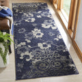 SAFAVIEH Adirondack Collection Runner Rug - 26 x 12, Navy & Silver, Floral Glam Damask Distressed Design, Non-Shedding & Easy 