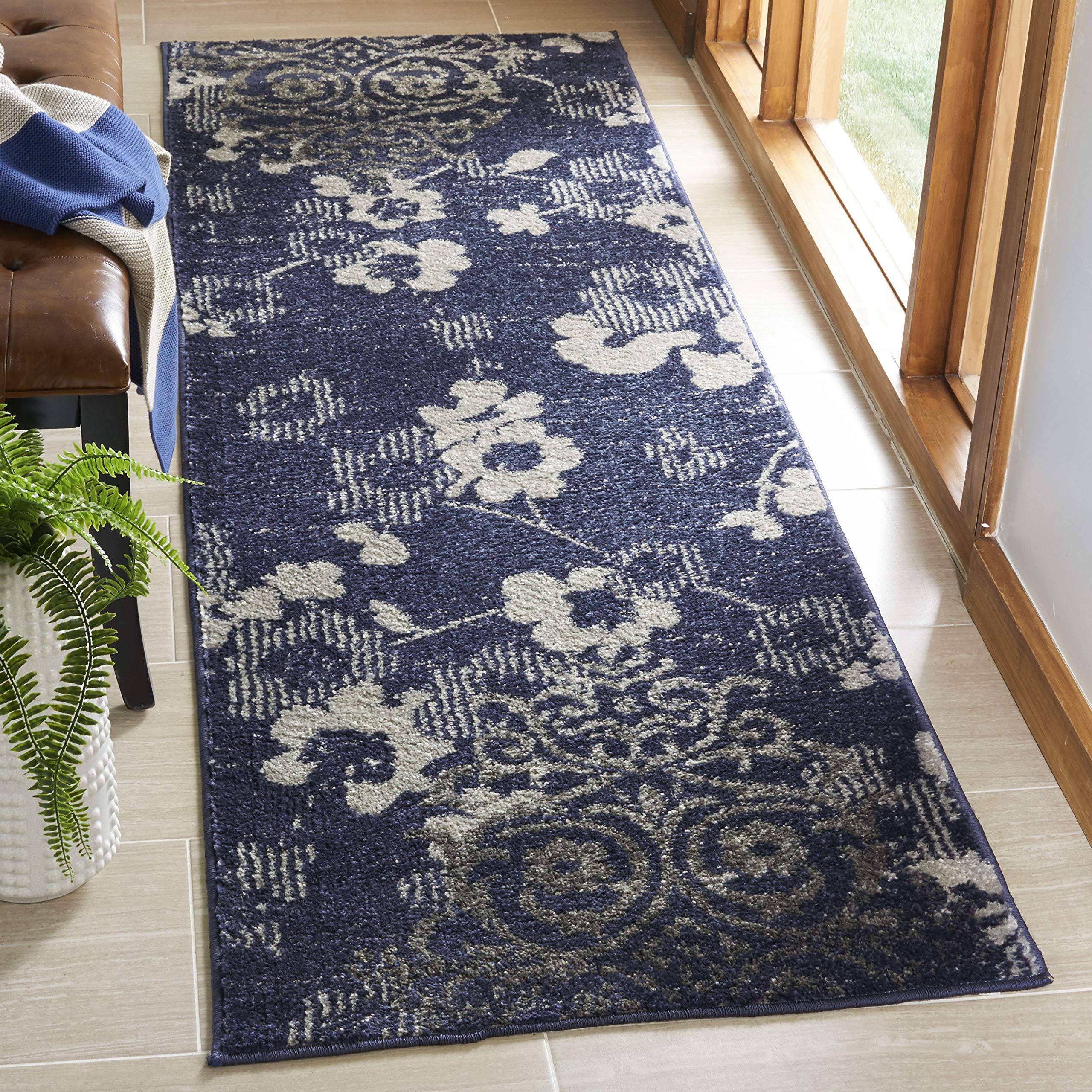 SAFAVIEH Adirondack Collection Runner Rug - 26 x 10, Navy & Silver, Floral Glam Damask Distressed Design, Non-Shedding & Easy 