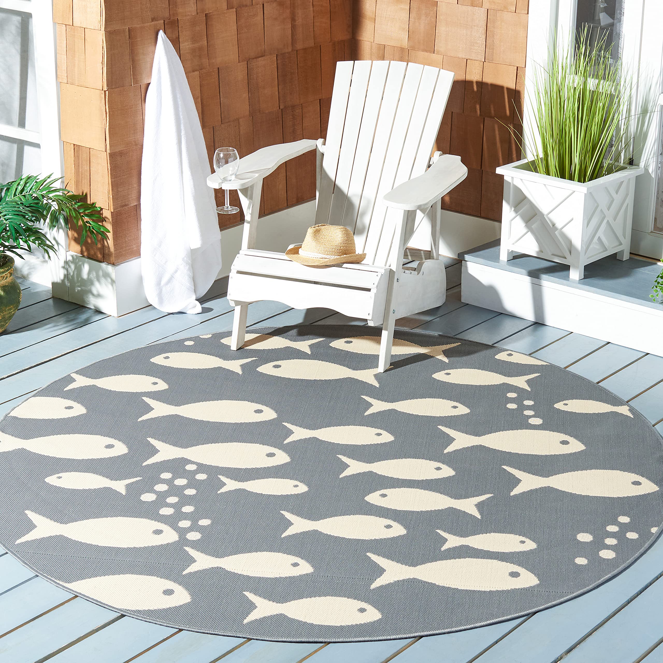 Safavieh Courtyard Collection 5'3' Round Dark Grey/Beige Cy6012 Indoor/ Outdoor Waterproof Easy Cleaning Patio Backyard Mudroom