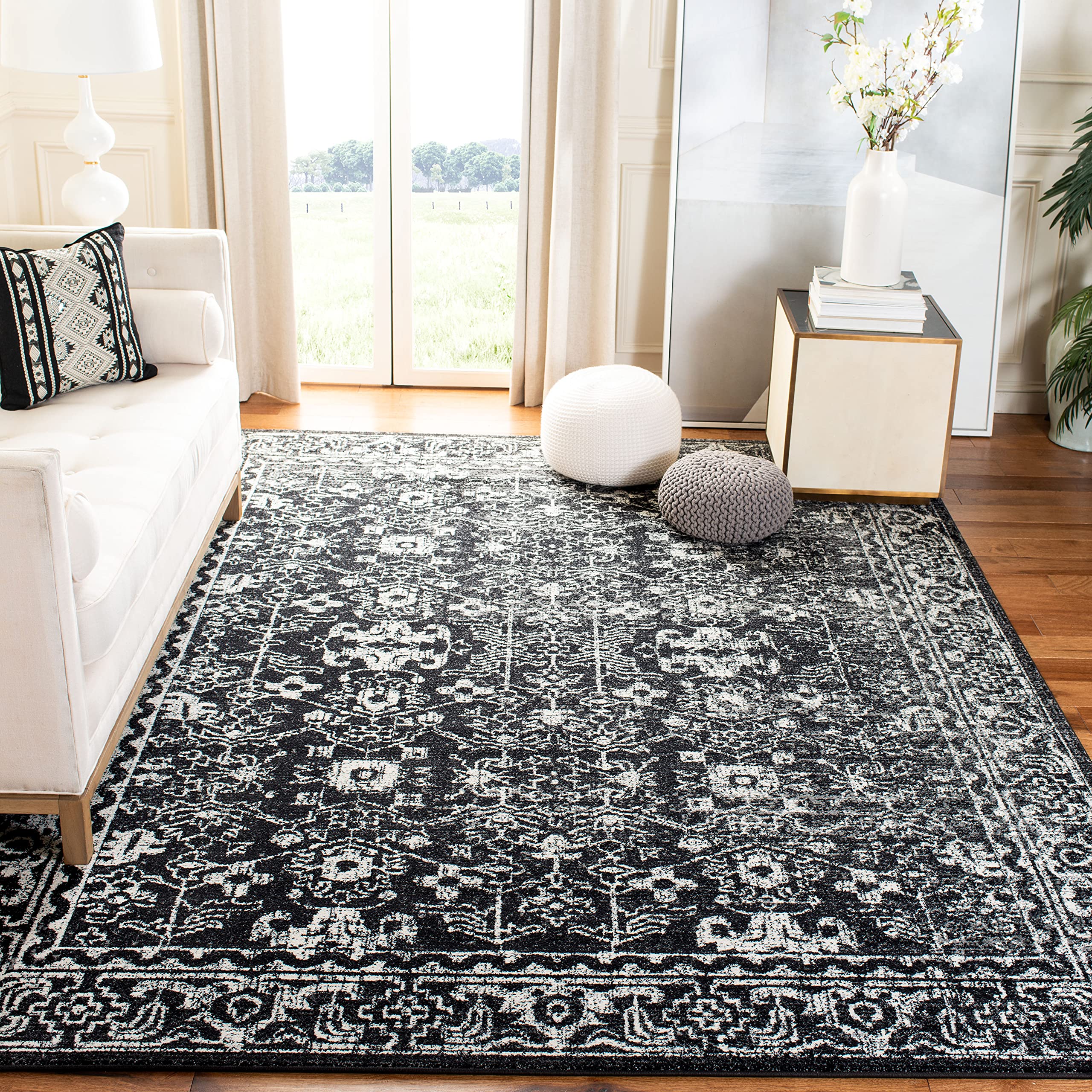 SAFAVIEH Evoke Collection 3 x 5 Charcoal / Ivory EVK270K Shabby Chic Distressed Non-Shedding Living Room Bedroom Accent Rug