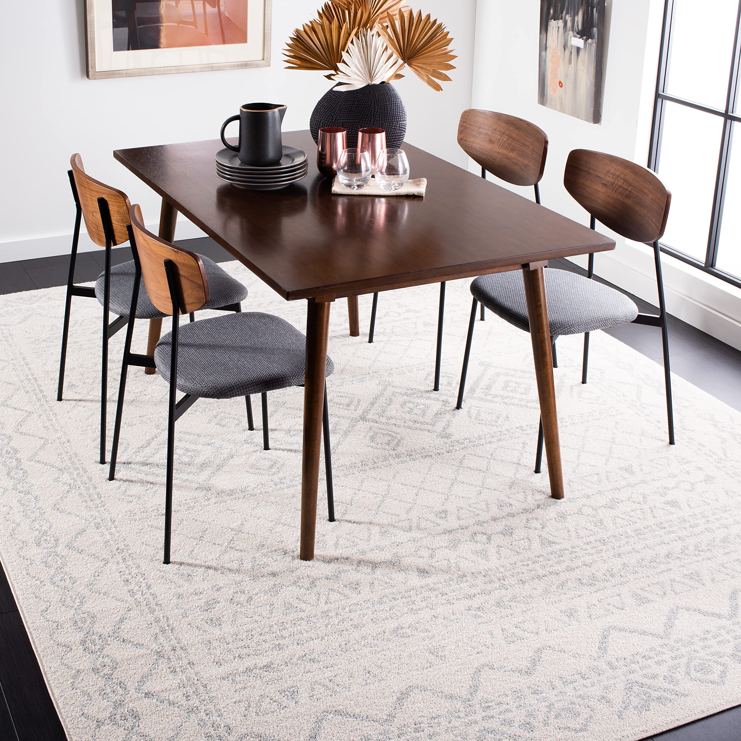SAFAVIEH Tulum Collection 67 Square Ivory / Light Grey TUL268B Moroccan Boho Distressed Non-Shedding Living Room Bedroom Dining