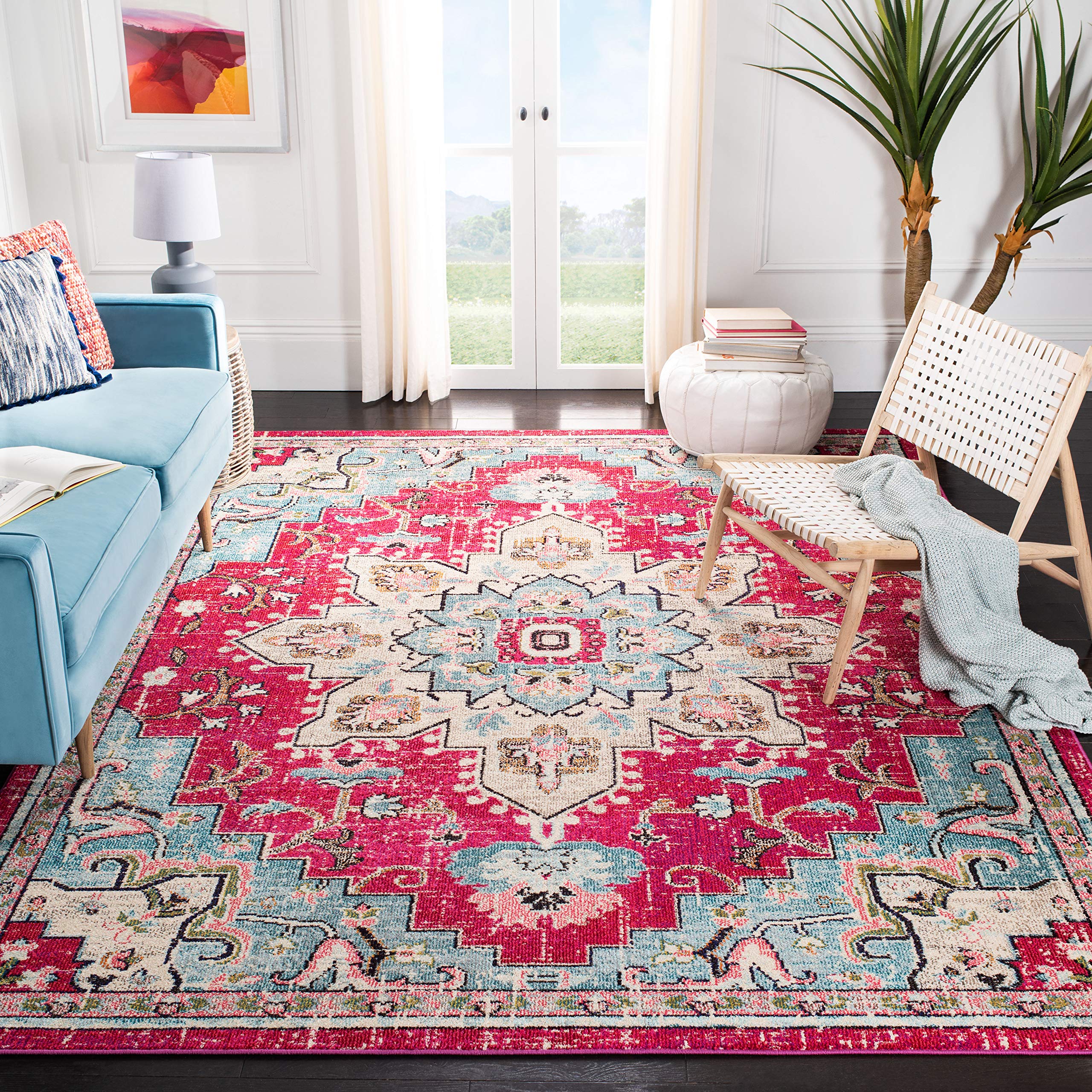 SAFAVIEH Madison Collection Area Rug - 9 x 12, Fuchsia & Blue, Boho Chic Medallion Distressed Design, Non-Shedding & Easy Care