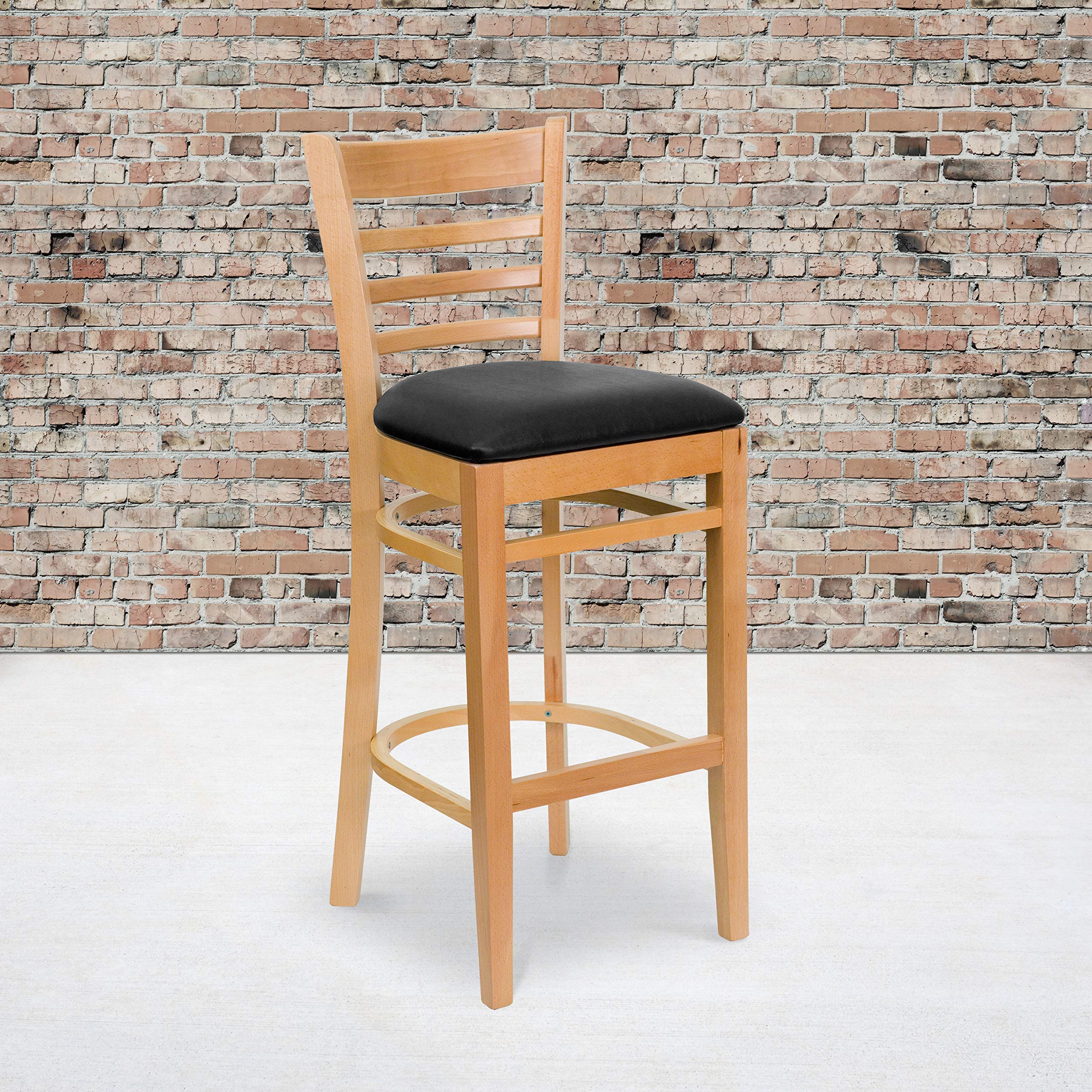 2 Pk. Natural Wood Finished Ladder Back Wooden Barstool - Black Vinyl Seat