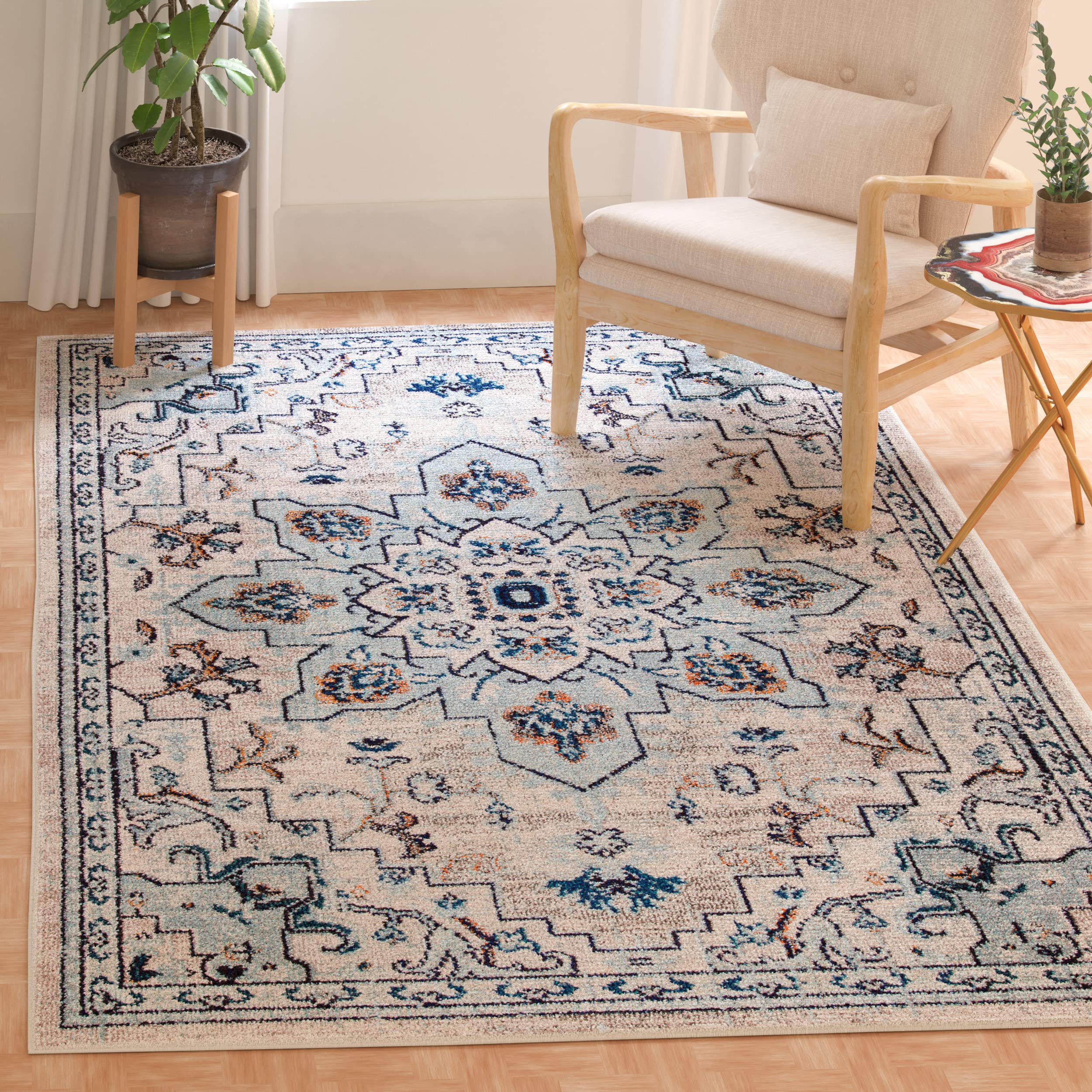 SAFAVIEH Madison Collection Accent Rug - 4 x 6, Ivory & Light Blue, Medallion Distressed Design, Non-Shedding & Easy Care, Ide