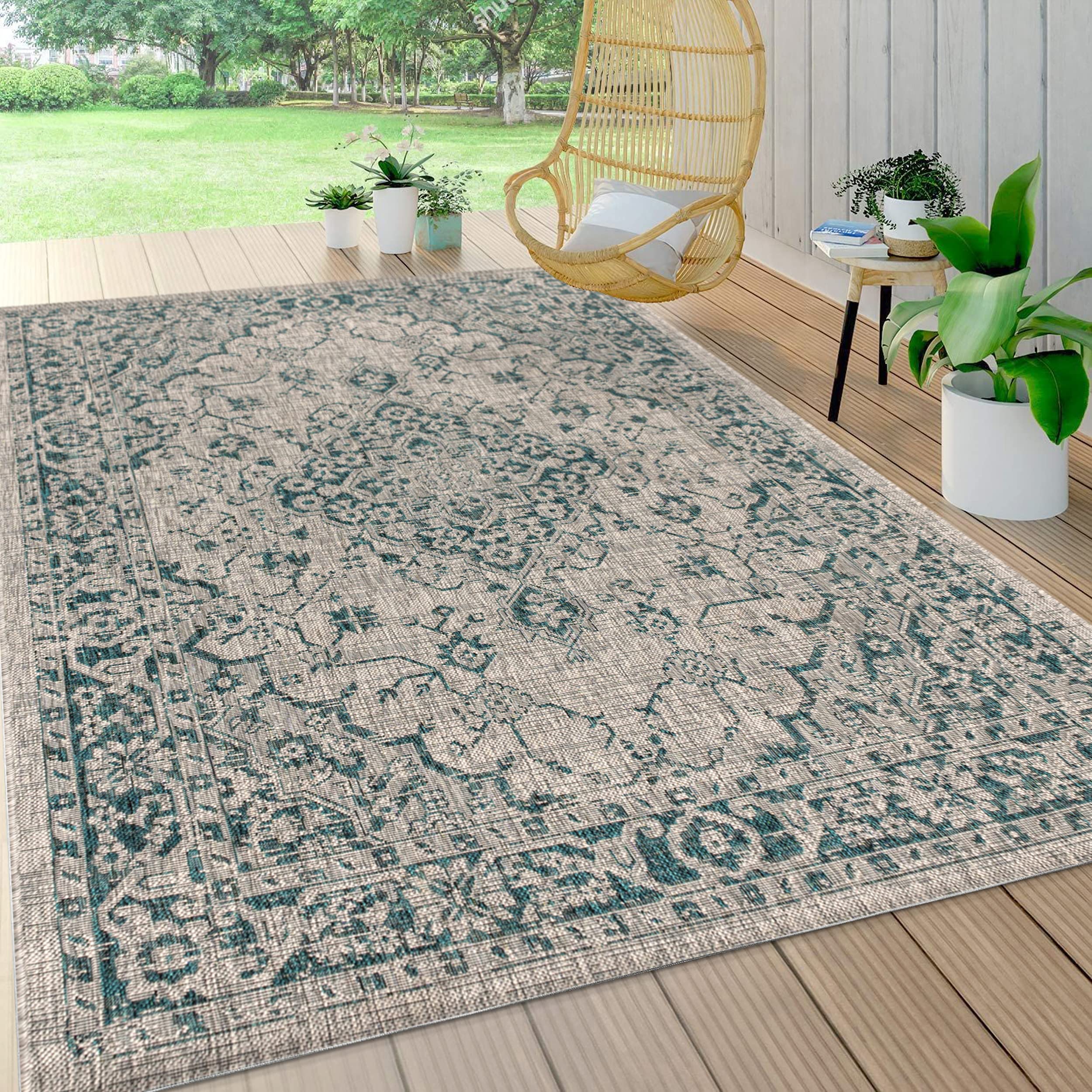 Jonathan Y Smb102C-3 Rozetta Boho Medallion Textured Weave Indoor Outdoor Area -Rug Coastal Bohemian Rustic Glam Easy -Cleaning Bedroom Kitchen Backyard Patio Non Shedding, 3 X 5, Gray/Teal