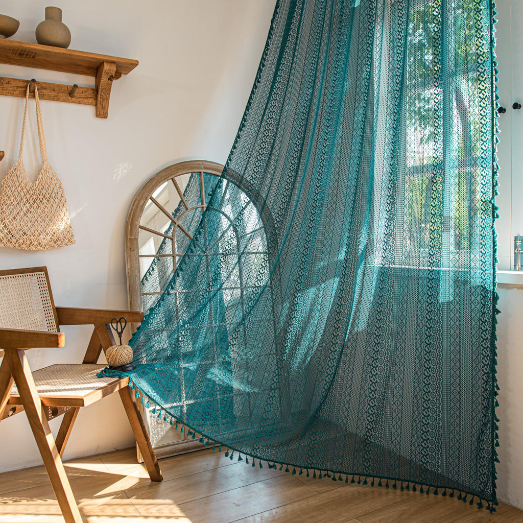 Sutuo Home Boho Curtains Crochet Lace Sheer Bohemian Hollow Knitted with Tassels, Window Treatment Privacy Vintage Rustic Farmho