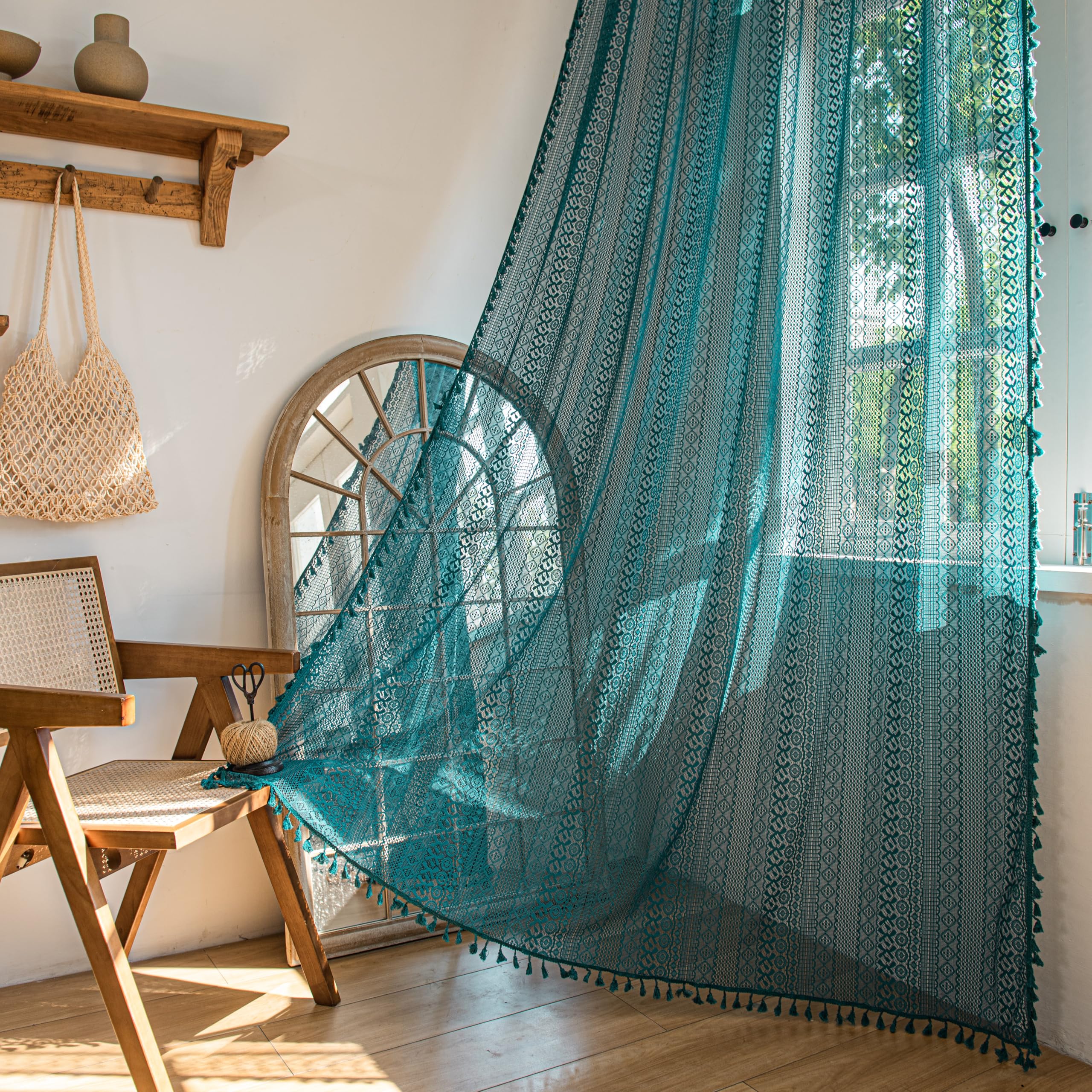 Sutuo Home Boho Curtains 96 inches Long for Bedroom Living Room Nursery Room, Crochet Lace Sheer Bohemian Hollow with Tassels,Wi