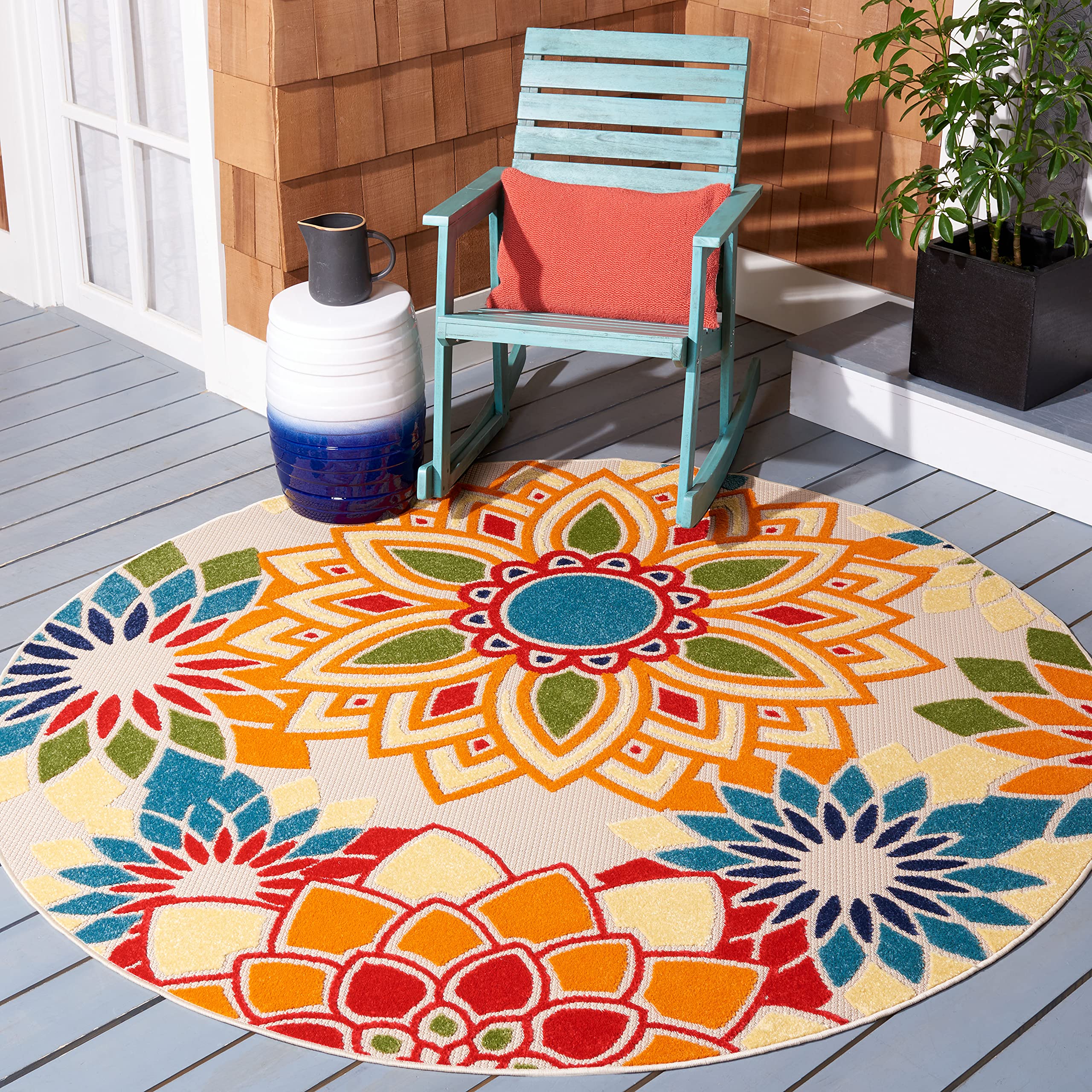 Safavieh Cabana Collection 6'7' Round Ivory/Orange Cbn328A Floral Indoor/ Outdoor Non-Shedding Easy-Cleaning Patio Backyard Dec
