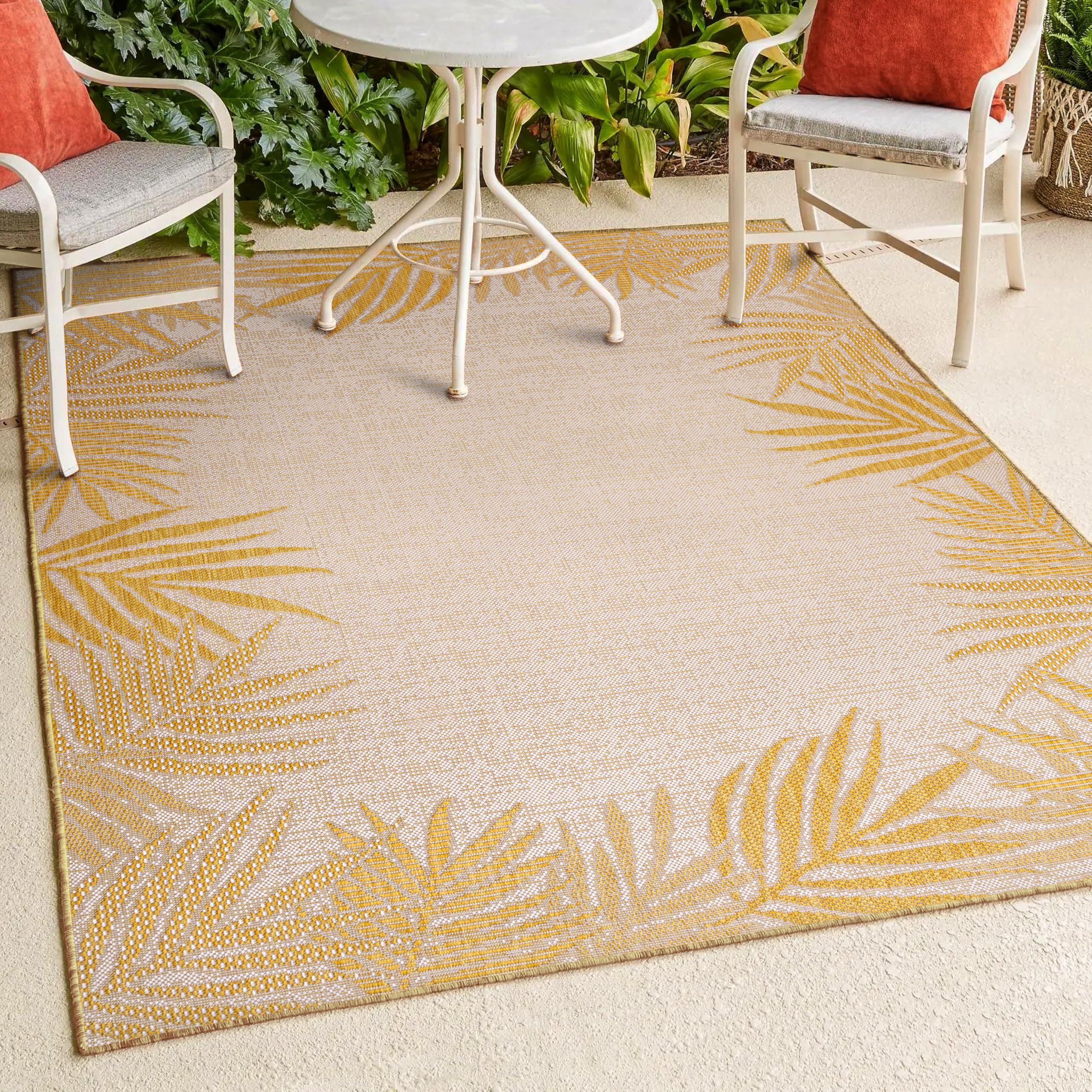 Jonathan Y Tsn207A-4 Isla Coastal Cottage Palm Frond Border Yellow/Cream 4 Ft. X 6 Ft. Indoor/Outdoor Area Rug, Easy Cleaning, N