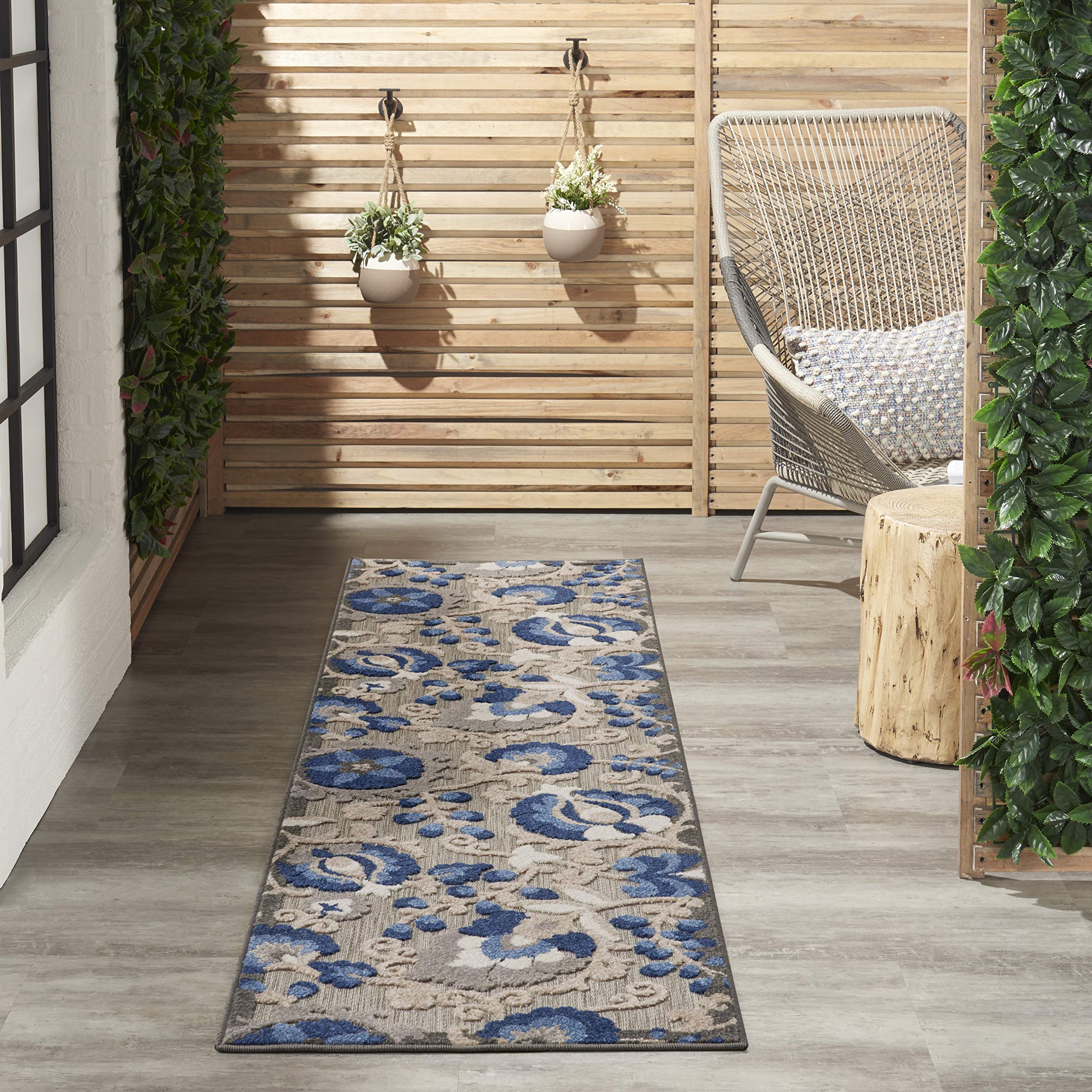 Nourison Aloha Indoor/Outdoor Natural/Blue 2' X 6' Area Rug, Easy Cleaning, Non Shedding, Bed Room, Living Room, Dining Room, Backyard, Deck, Patio (2X6)