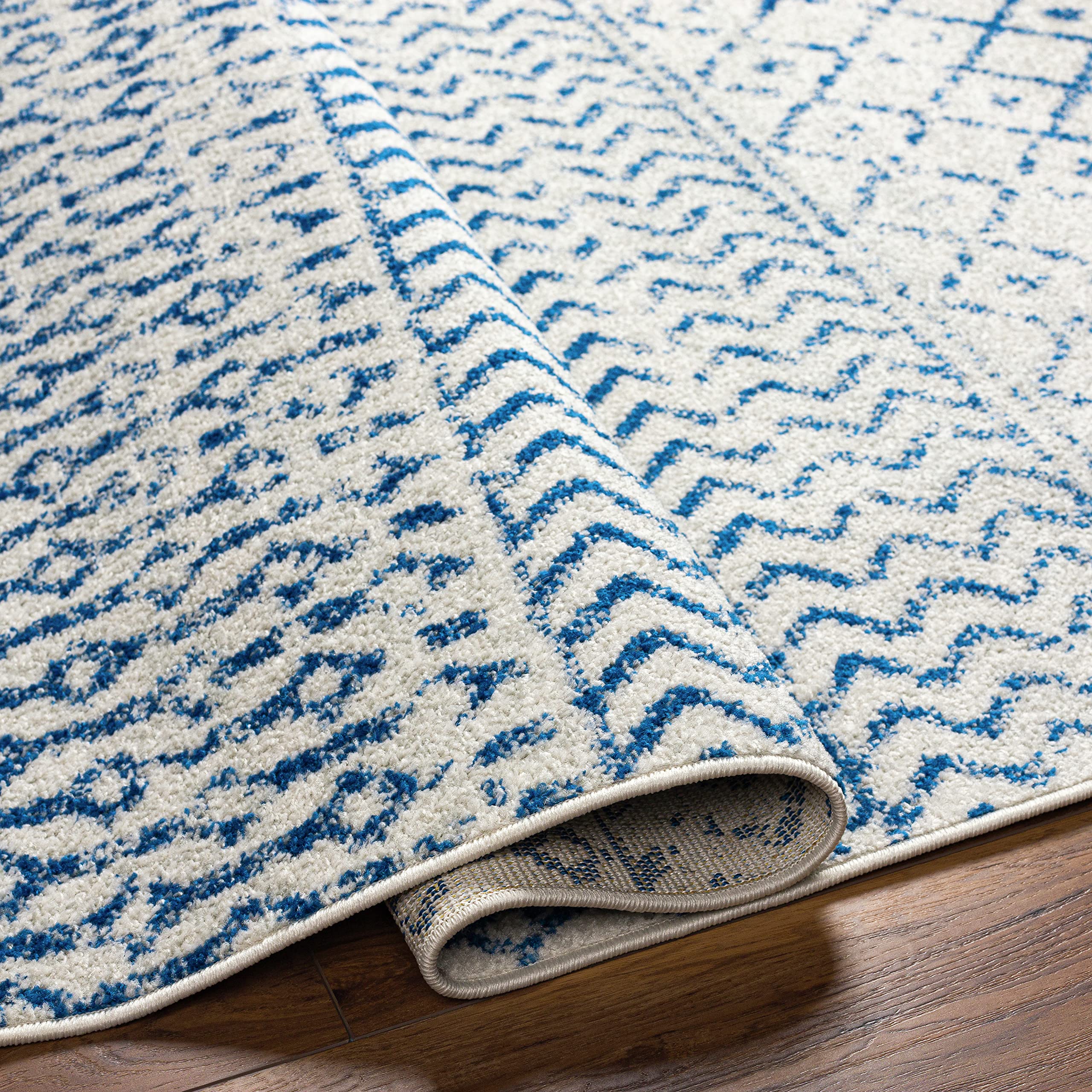 Livabliss Chester Boho Moroccan Area Rug, 5' Square, Cream/Royal Blue