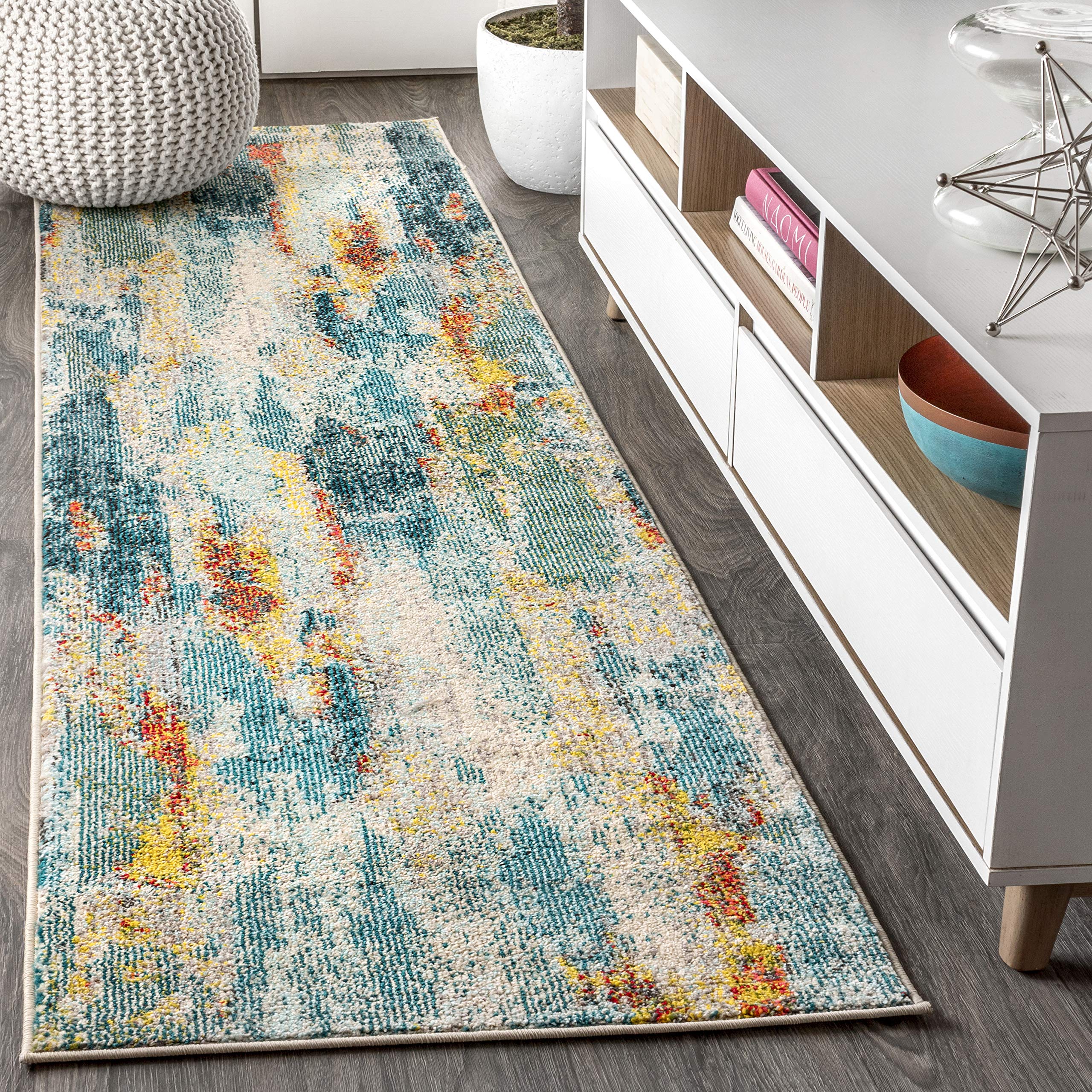 JONATHAN Y CTP106B-28 Contemporary POP Modern Abstract Vintage Waterfall Blue/Cream/Yellow 2 ft. x 8 ft. Runner-Rug, Bohemian,Ea