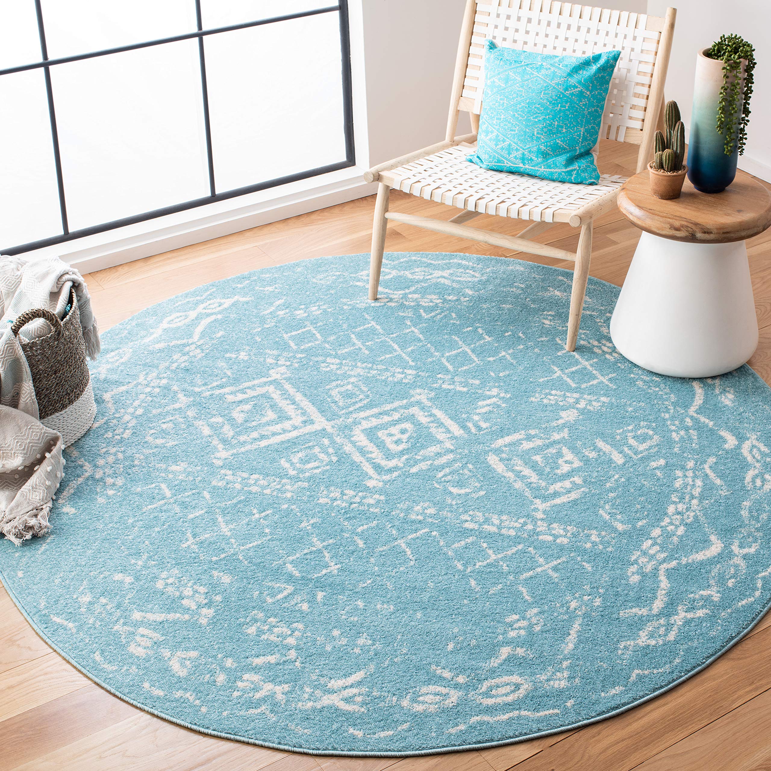 SAFAVIEH Tulum Collection 67 Round Turquoise/Ivory TUL268K Moroccan Boho Distressed Non-Shedding Dining Room Entryway Foyer Liv