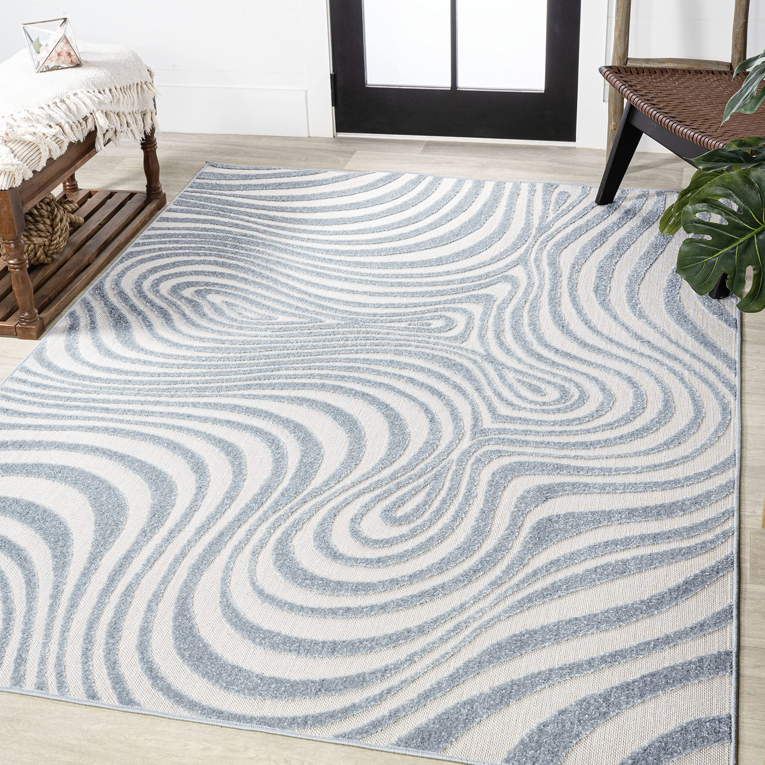 Jonathan Y Scn103C-13 Maribo High-Low Abstract Groovy Striped Light Blue/Ivory 10 Ft. X 13 Ft. Indoor/Outdoor Area Rug, Pet Frie