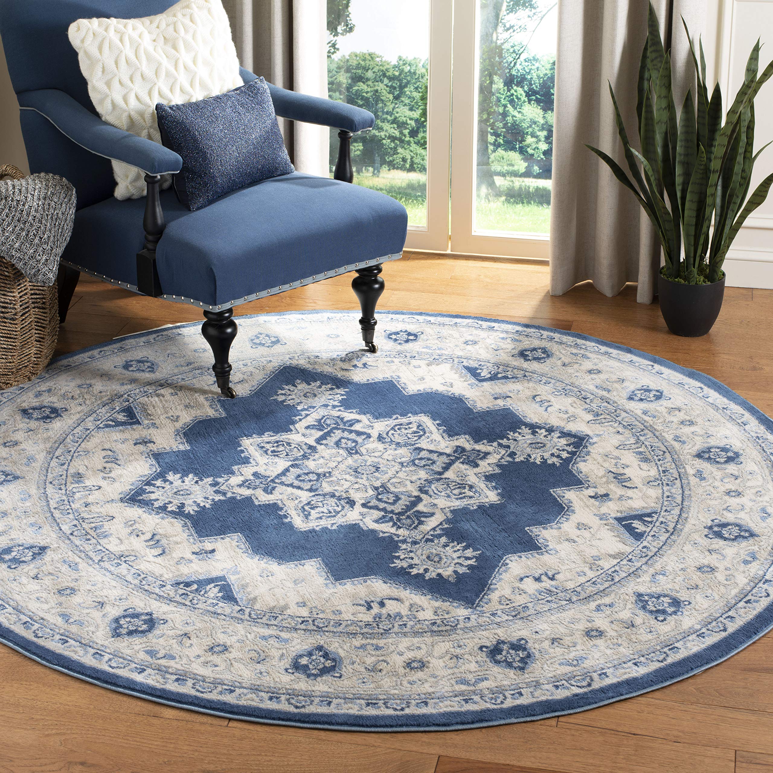 SAFAVIEH Brentwood Collection 5 Round Navy / Cream BNT865N Medallion Distressed Non-Shedding Dining Room Entryway Foyer Living 