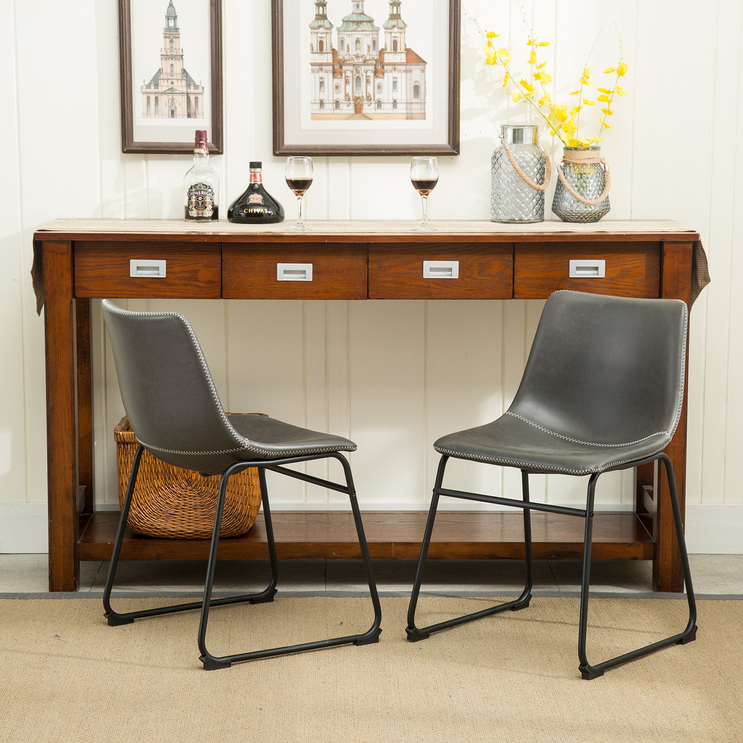 Roundhill Furniture Lotusville Vintage PU Leather Dining Chairs, Antique Gray, Set of 2