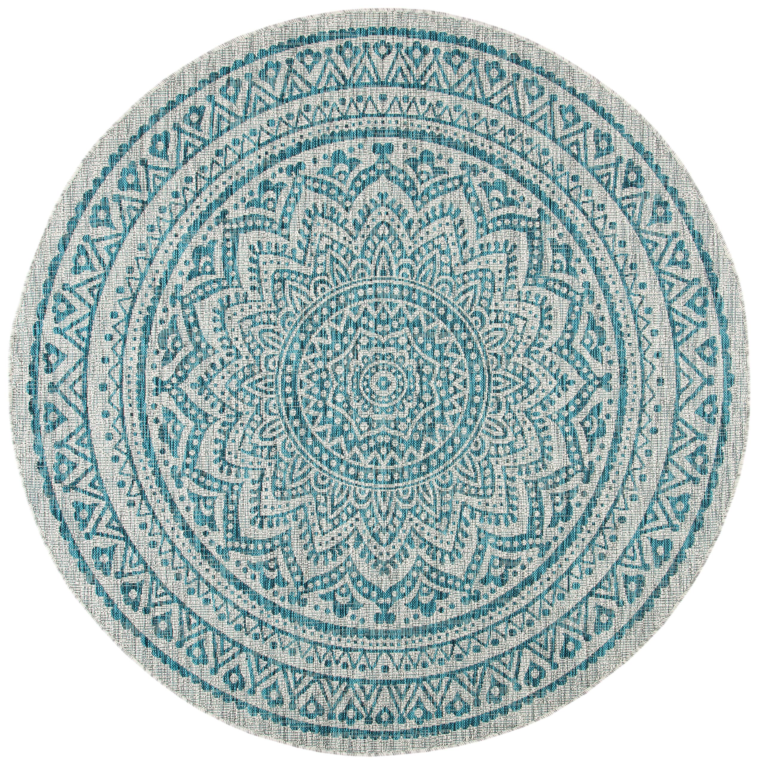 Safavieh Courtyard Collection 4' Round Grey / Teal Cy8734 Indoor/ Outdoor Patio Backyard Mudroom Area Rug