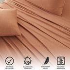 4 Piece Jersey Knit Full Cotton Blend Orange Sheet Set | Ultra-Soft T-Shirt Jersey Bedding Sheets & Pillowcases | Heathered, Bre