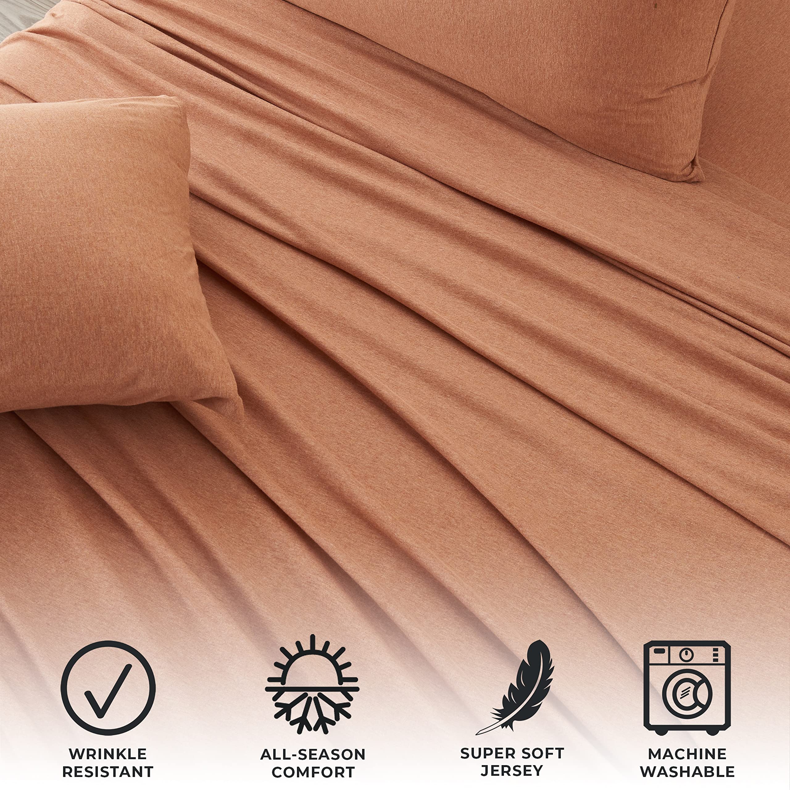4 Piece Jersey Knit Full Cotton Blend Orange Sheet Set | Ultra-Soft T-Shirt Jersey Bedding Sheets & Pillowcases | Heathered, Bre
