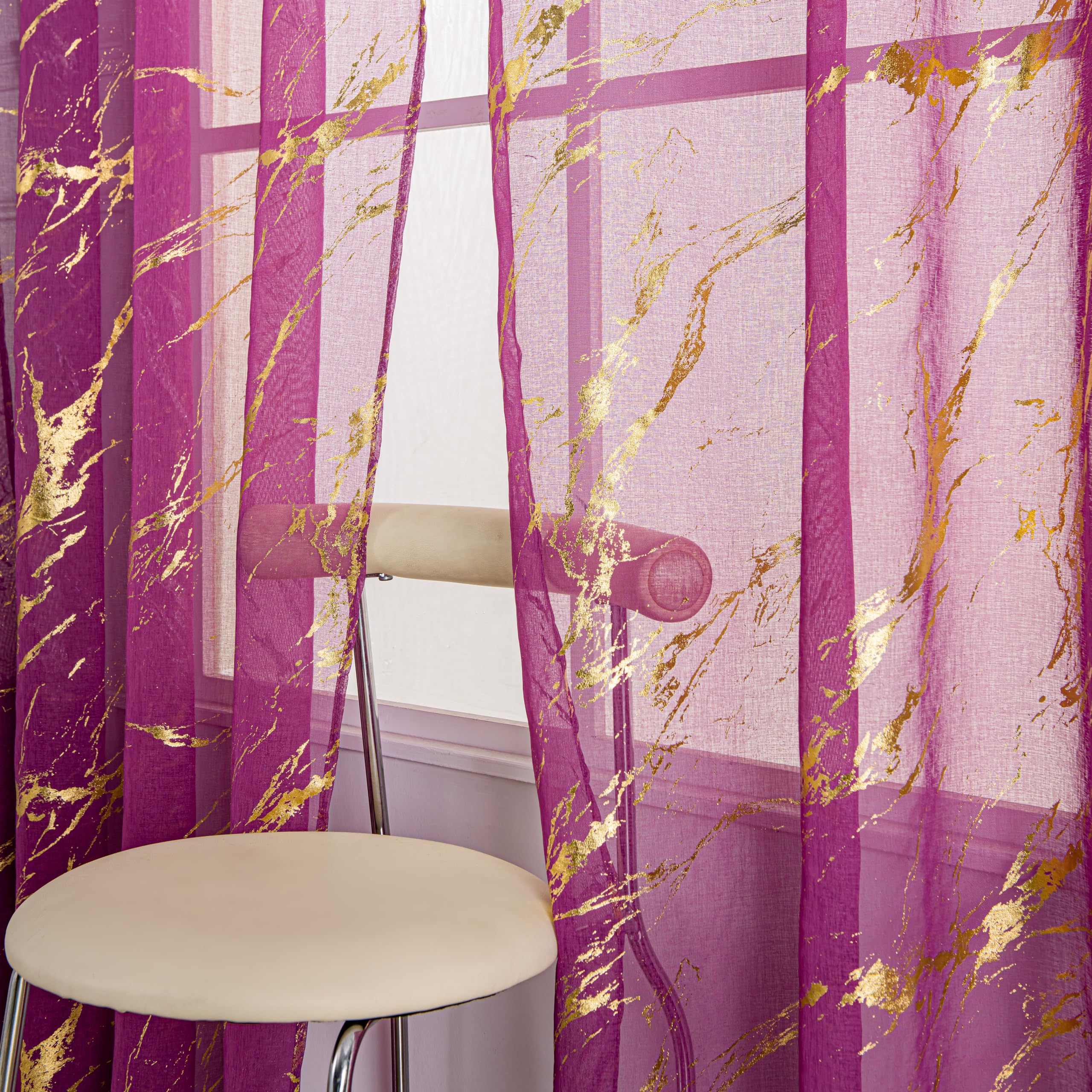 Sutuo Home Marble Sheer Curtains 96 Inches Long For Bedroom Living Room Kitchen 2 Panels Set, Gold Print Metallic Bronzing, Priv