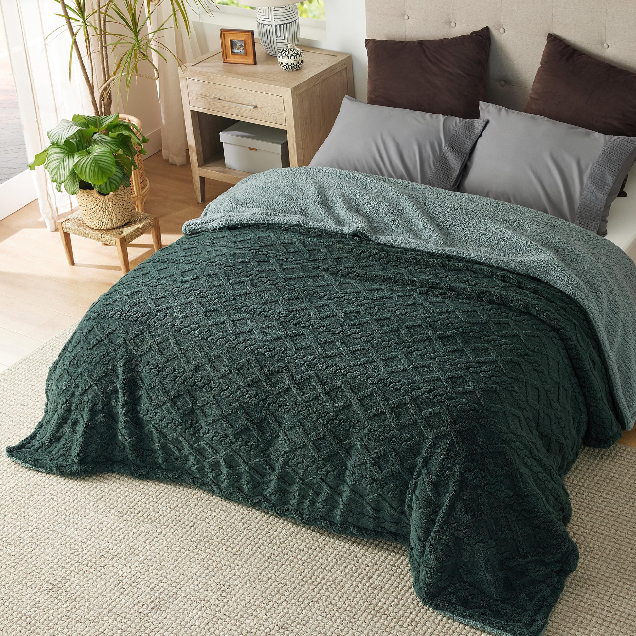 Bedsure Sherpa Queen Size Blanket For Bed - Fuzzy Soft Cozy Blanket Queen Size, Fleece Thick Warm Blanket For Winter, Dark Green