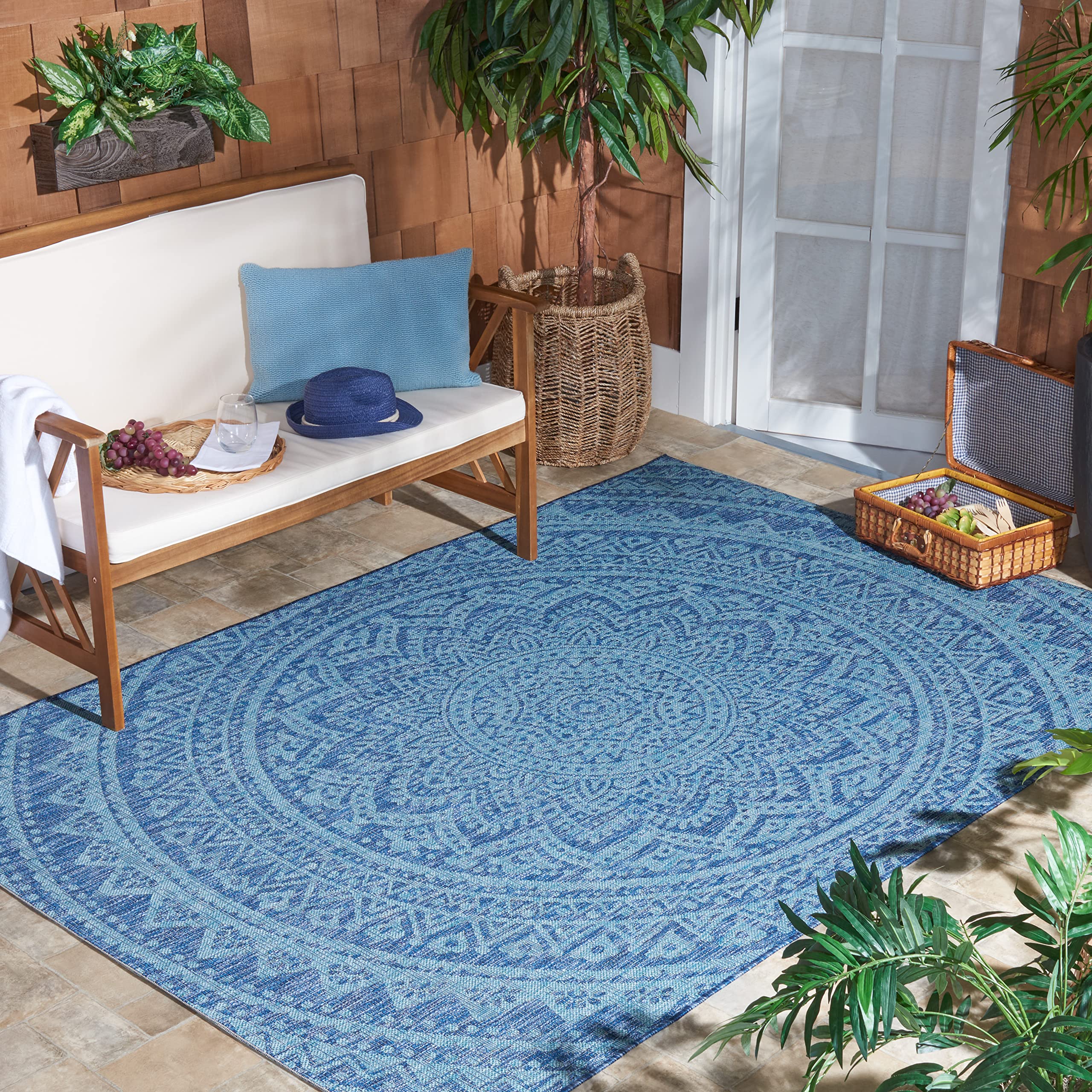 Safavieh Courtyard Collection 4' X 5'7' Navy / Aqua Cy8734 Indoor/ Outdoor Patio Backyard Mudroom Accent Rug