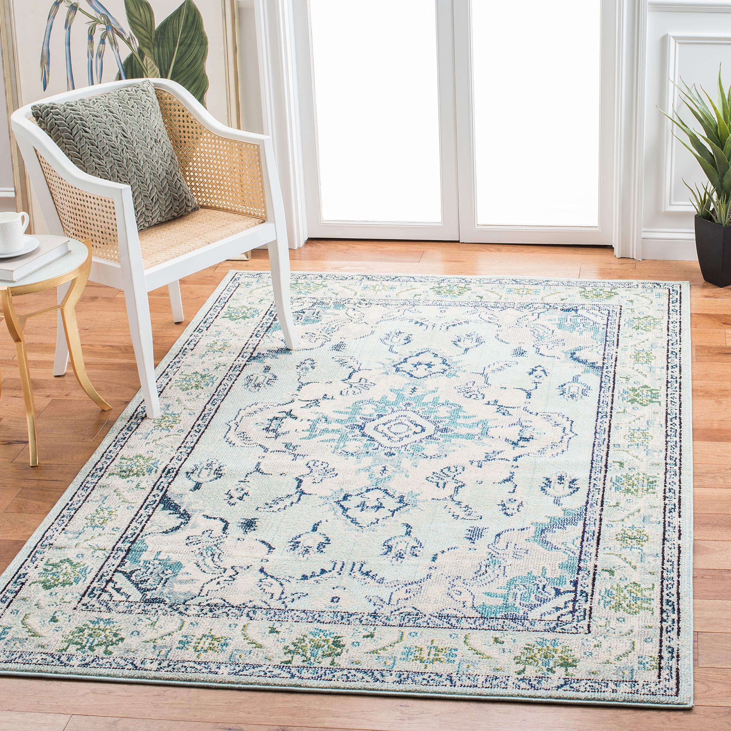 SAFAVIEH Monaco Collection Accent Rug - 3 x 5, Light Blue & Ivory, Medallion Distressed Design, Non-Shedding & Easy Care, Idea