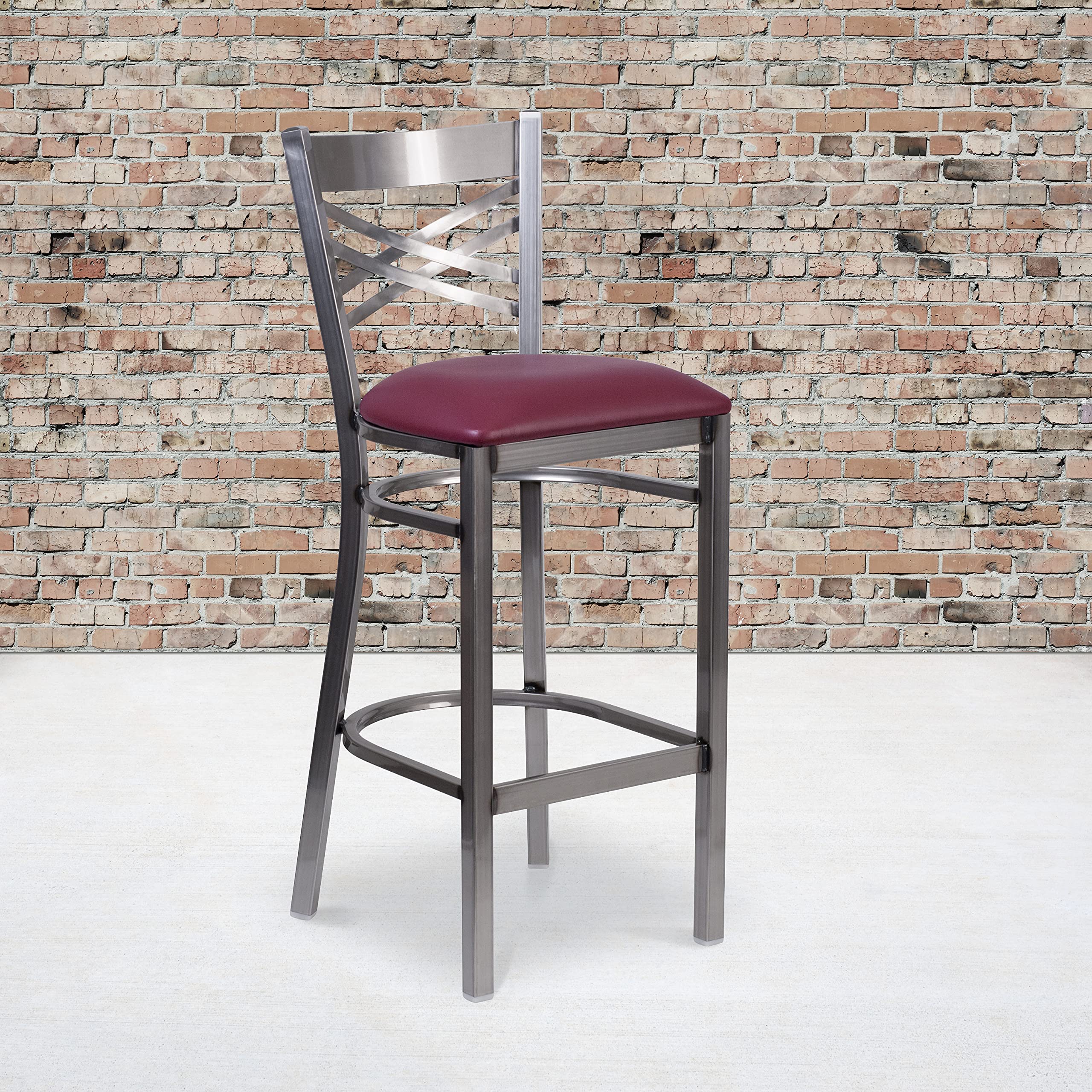 Flash Furniture Hercules Series Clear Coated ''X'' Back Metal Restaurant Barstool - Burgundy Vinyl Seat