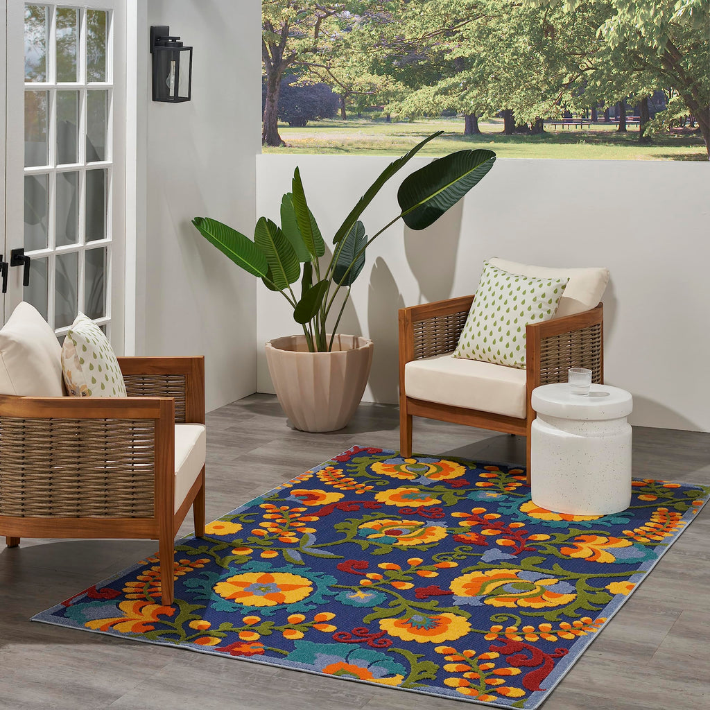 Nourison Aloha Indoor/Outdoor Modern Navy Multicolor 3'6' X 5'6' Area Rug, Easy Cleaning, Non Shedding, Bed Room, Living Room, Dining Room, Backyard, Deck, Patio (4X6)