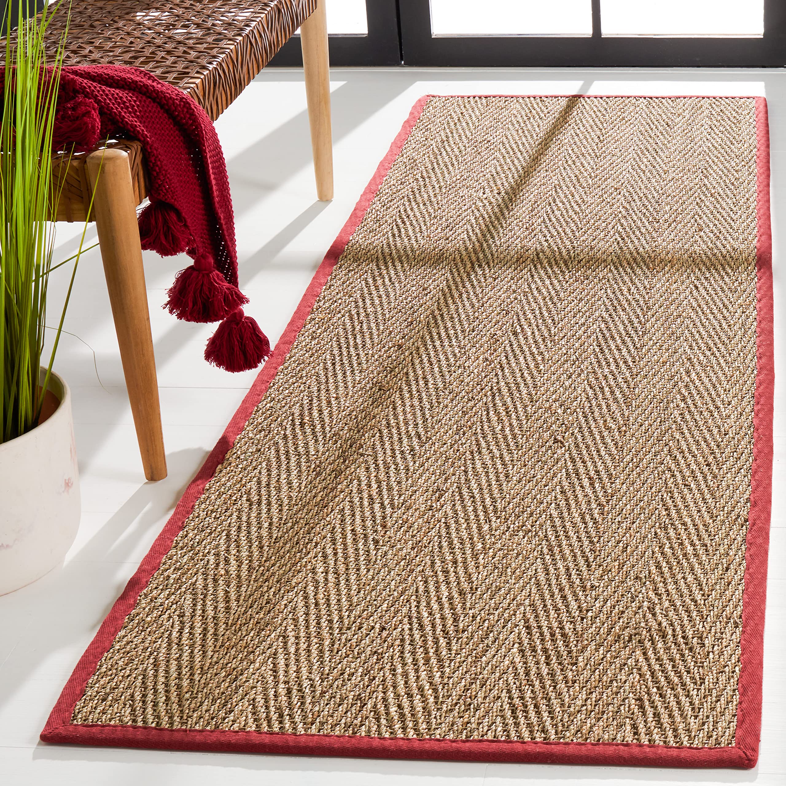 Safavieh Natural Fiber Collection Runner Rug - 26 x 12, Natural & Red, Border Herringbone Seagrass Design, Easy Care, Ideal fo