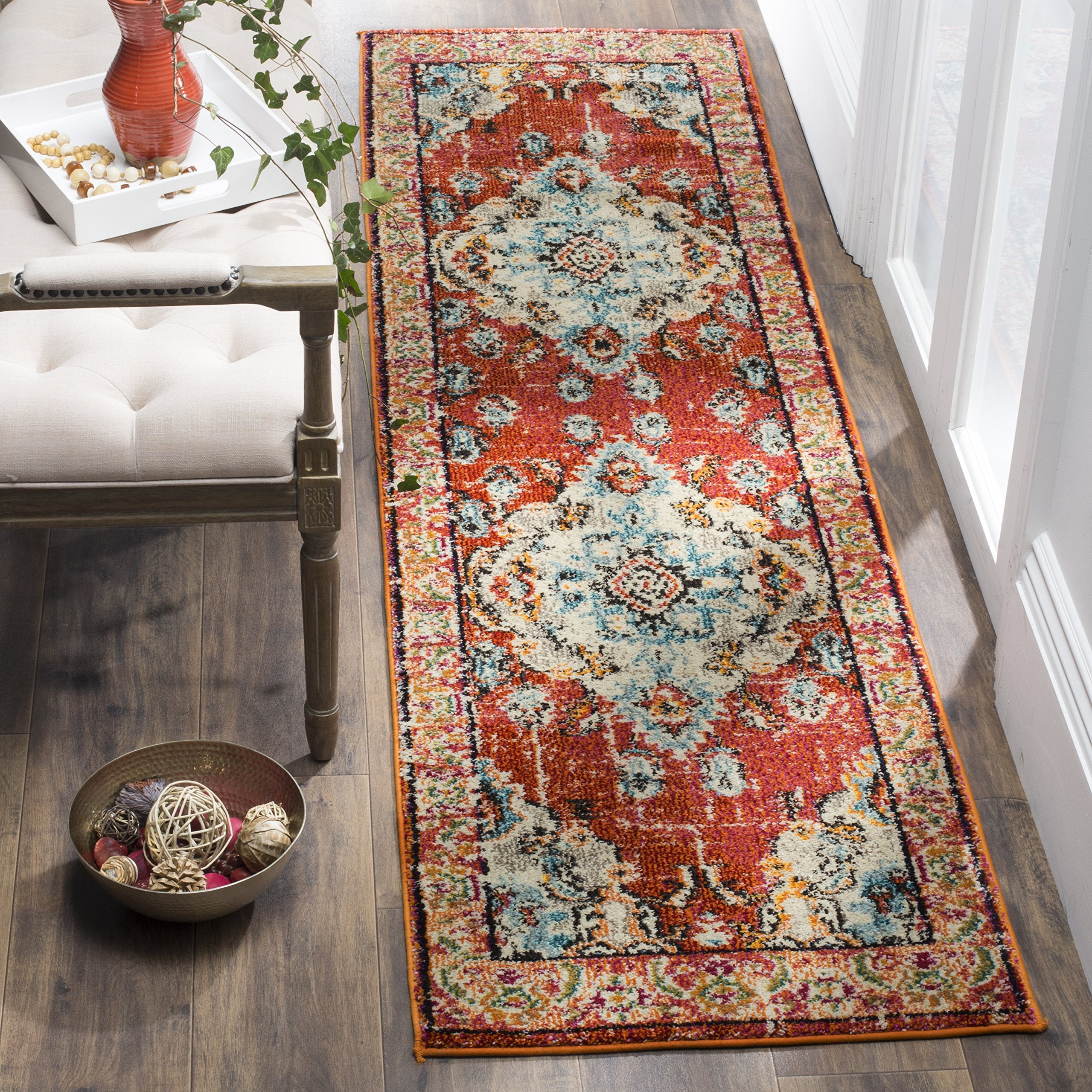 SAFAVIEH Monaco Collection Runner Rug - 22 x 8, Orange & Light Blue, Boho Chic Medallion Distressed Design, Non-Shedding & Eas