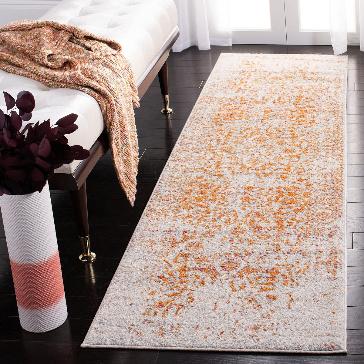 Safavieh Madison Collection 23 X 8 Orange  Ivory Mad603P Oriental Snowflake Medallion Distressed Non-Shedding Living Room Entryw