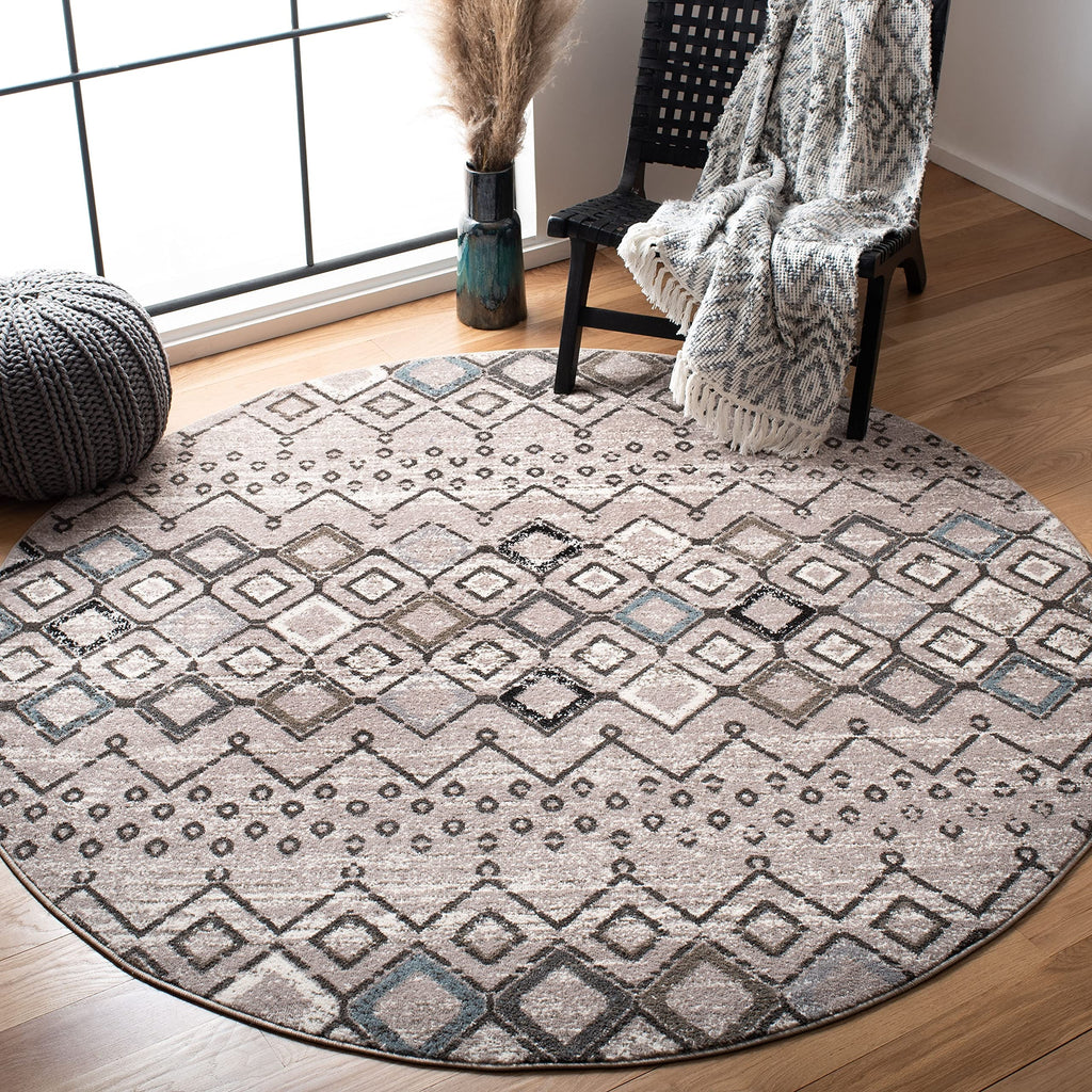 SAFAVIEH Amsterdam Collection 5'1'' Round Light Grey / Brown AMS108F Moroccan Boho Non-Shedding Dining Room Entryway Foyer Livin